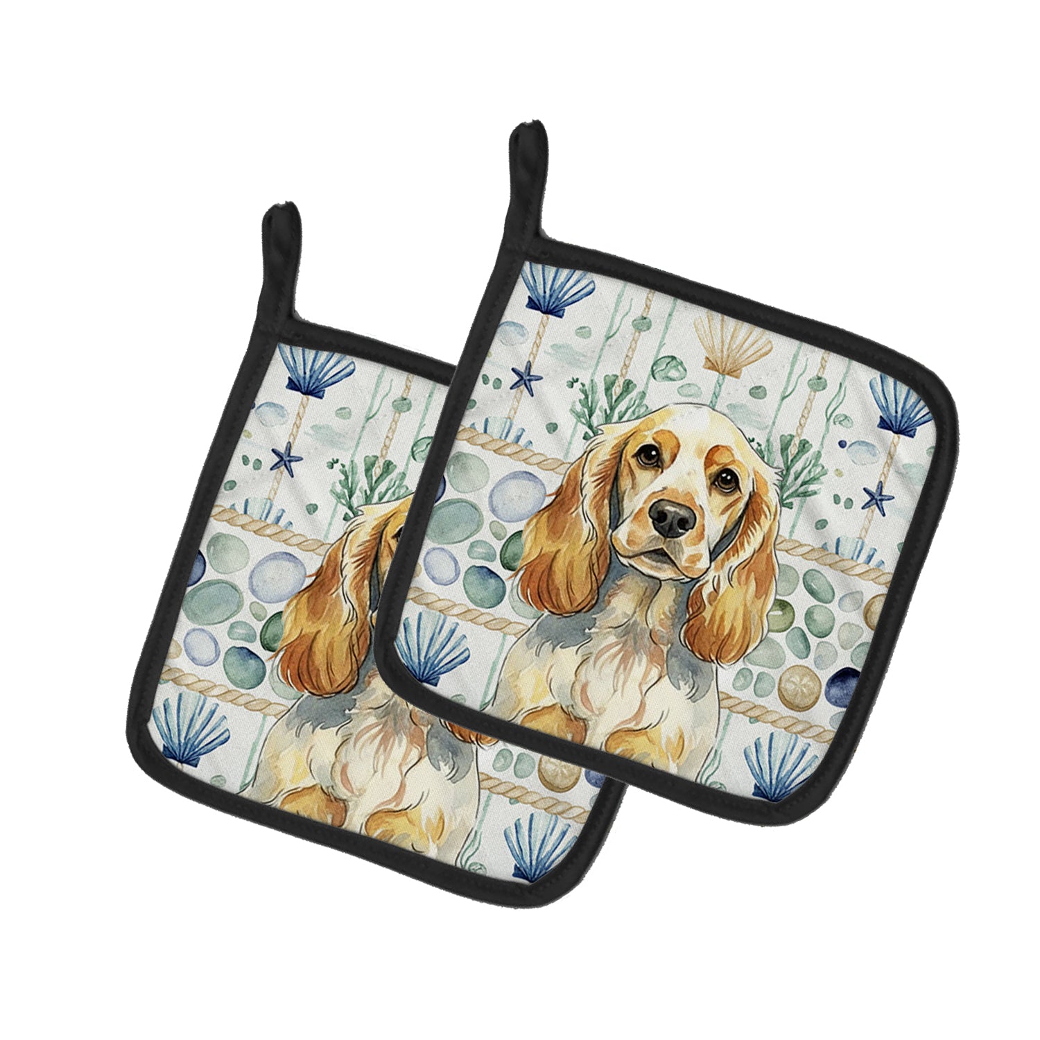 Caroline's Treasures Lemon Roan English Cocker Spaniel Coastal Sea Glass Pair of Pot Holders