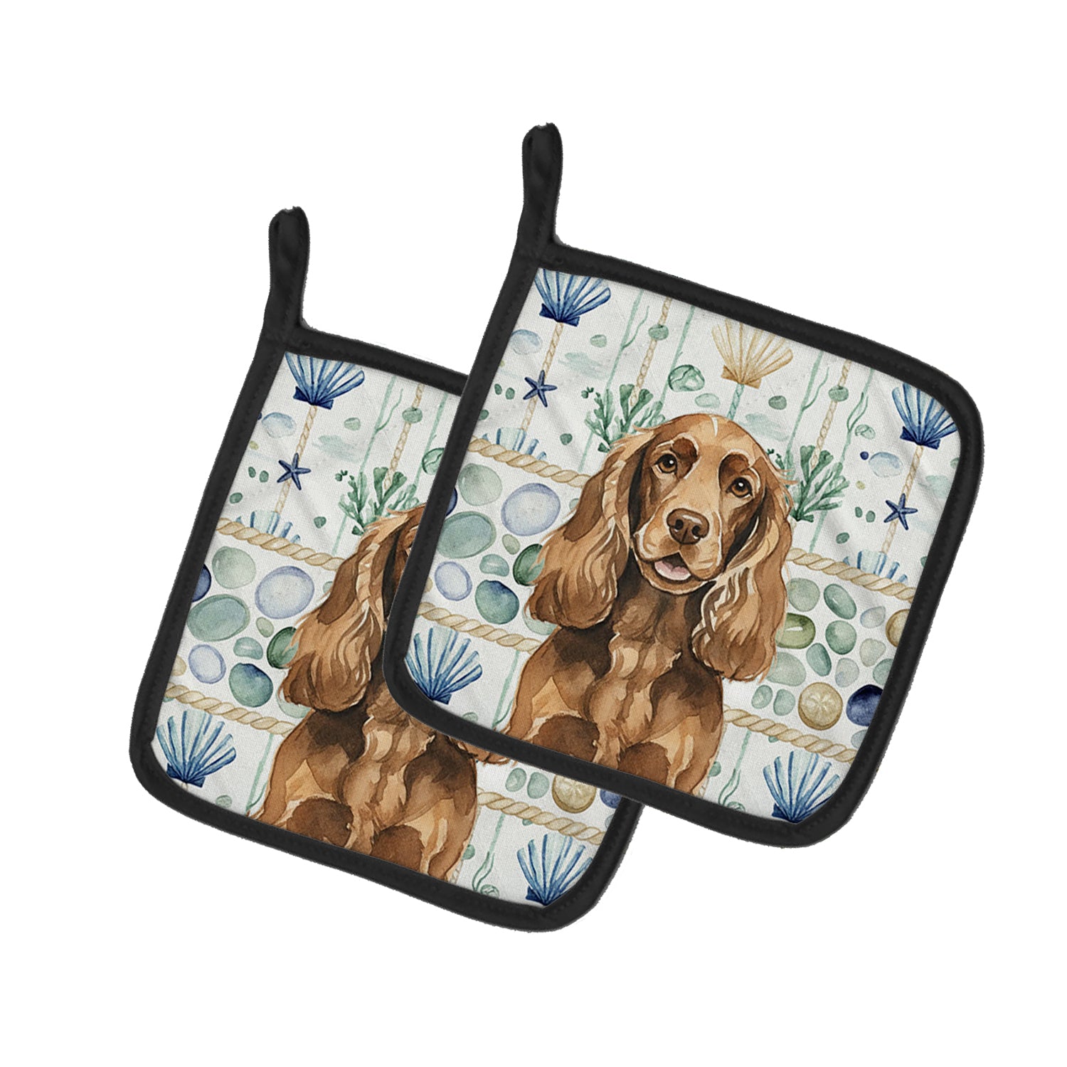 Caroline's Treasures Liver English Cocker Spaniel Coastal Sea Glass Pair of Pot Holders