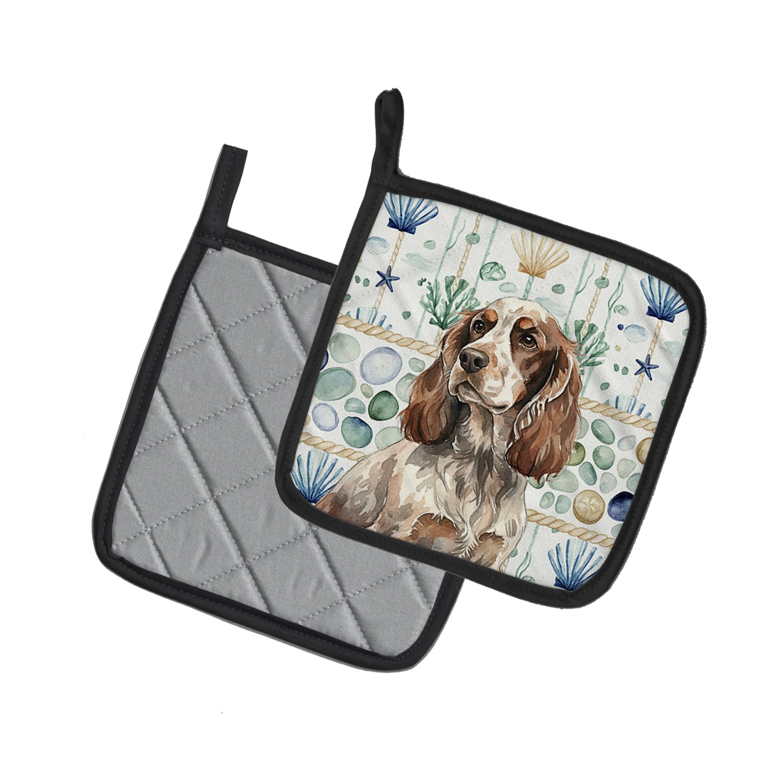 Caroline's Treasures Liver Roan English Cocker Spaniel Coastal Sea Glass Pair of Pot Holders