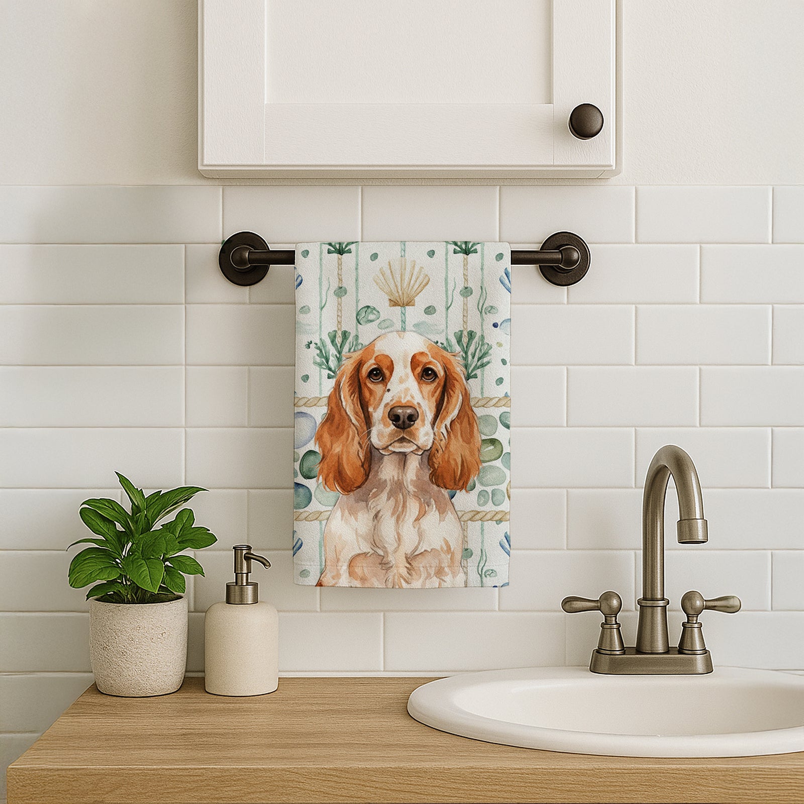 Caroline's Treasures Orange Roan English Cocker Spaniel Coastal Sea Glass Kitchen Towel