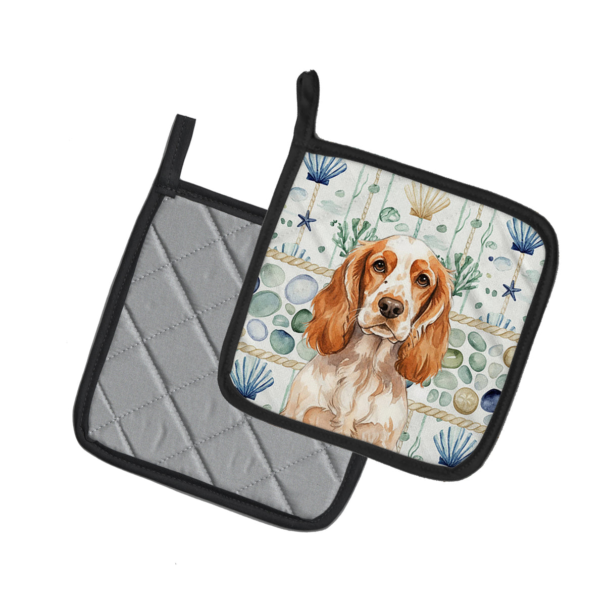 Caroline's Treasures Orange Roan English Cocker Spaniel Coastal Sea Glass Pair of Pot Holders