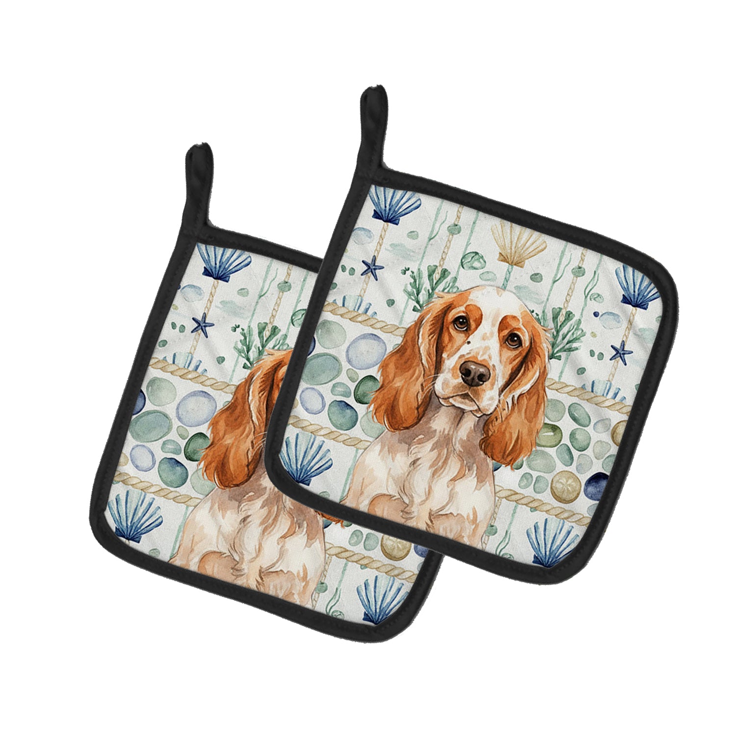 Caroline's Treasures Orange Roan English Cocker Spaniel Coastal Sea Glass Pair of Pot Holders