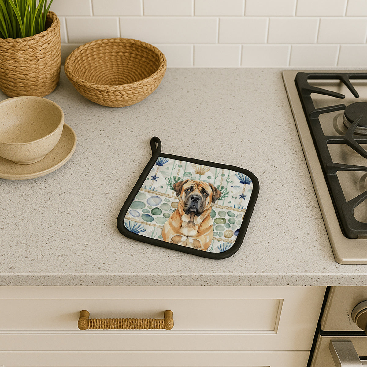 Caroline's Treasures Apricot English Mastiff Coastal Sea Glass Pair of Pot Holders