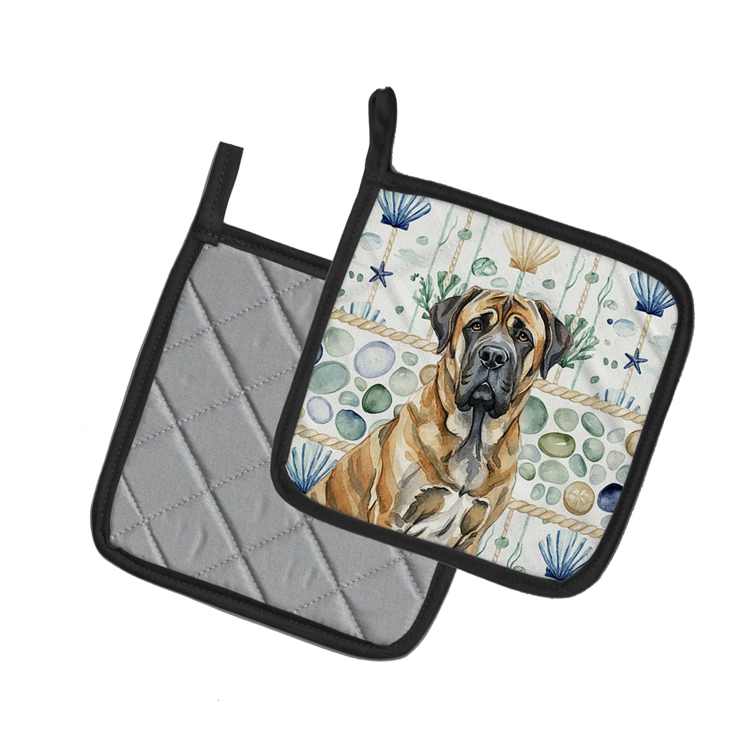 Caroline's Treasures Brindle English Mastiff Coastal Sea Glass Pair of Pot Holders