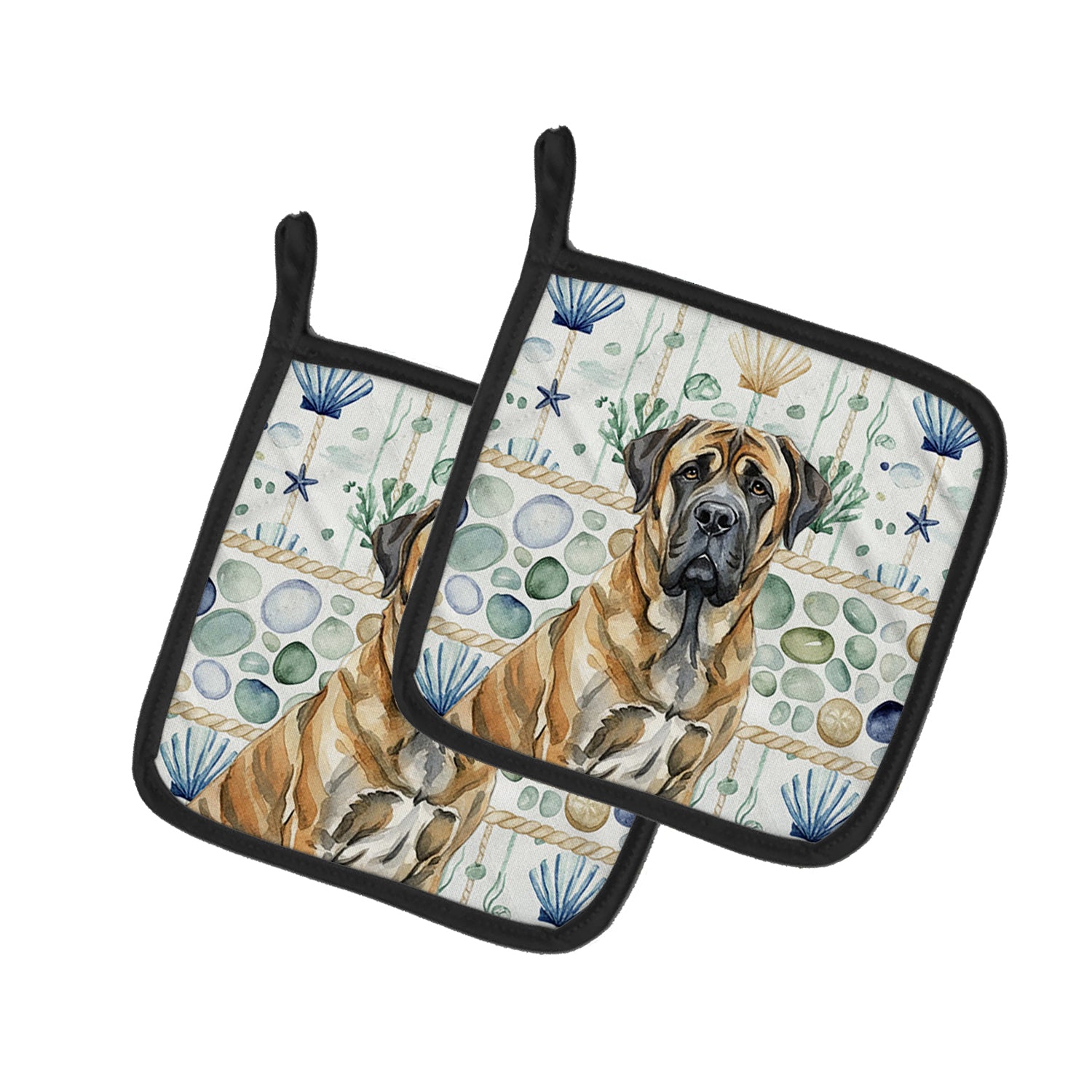 Caroline's Treasures Brindle English Mastiff Coastal Sea Glass Pair of Pot Holders