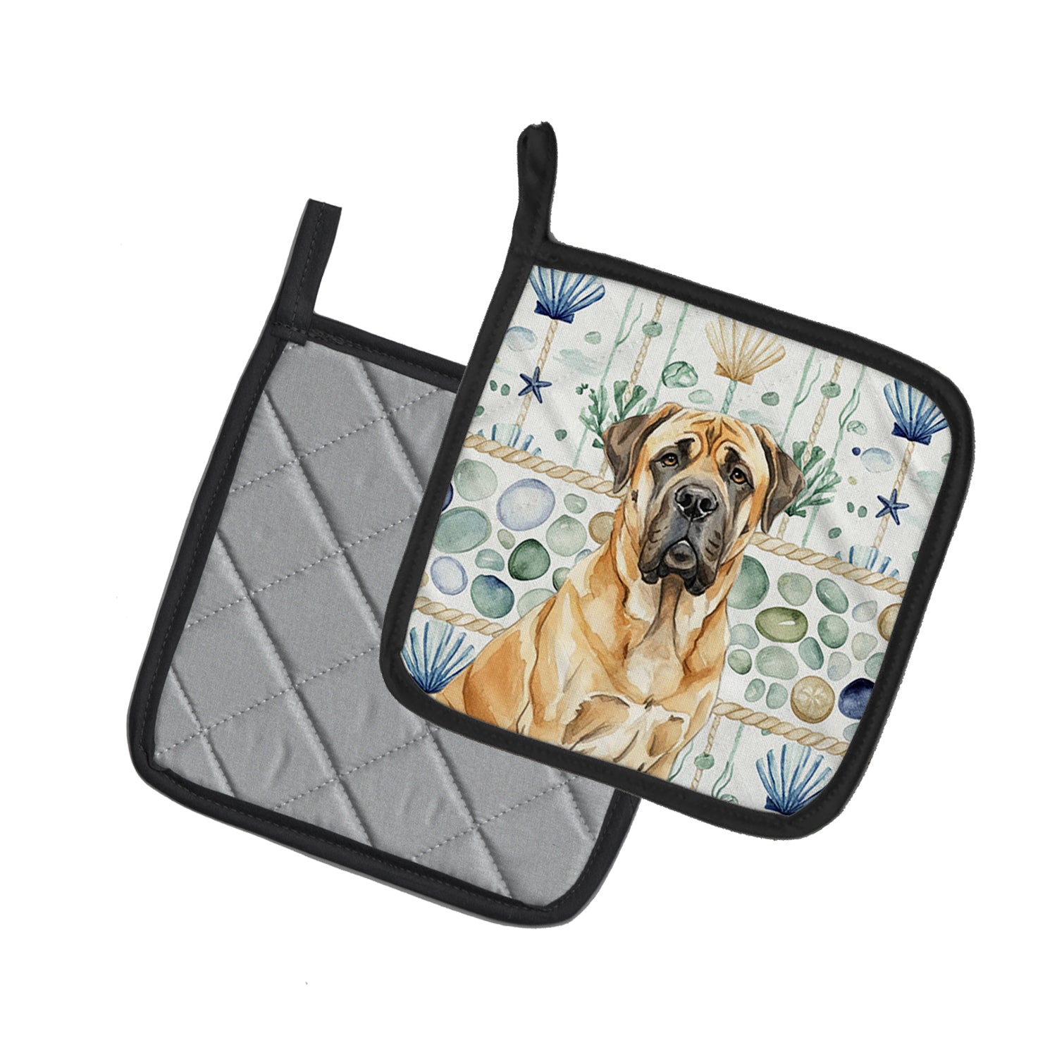 Caroline's Treasures Fawn English Mastiff Coastal Sea Glass Pair of Pot Holders