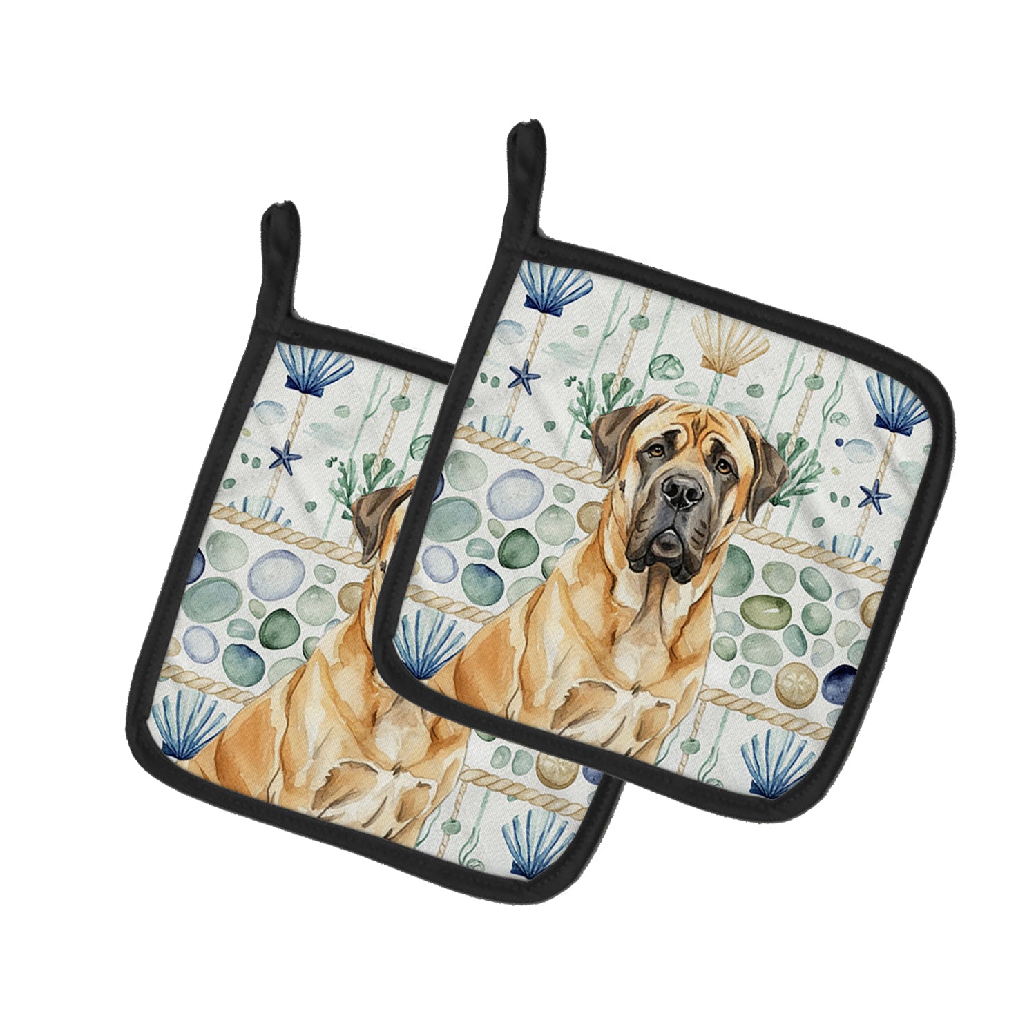 Caroline's Treasures Fawn English Mastiff Coastal Sea Glass Pair of Pot Holders