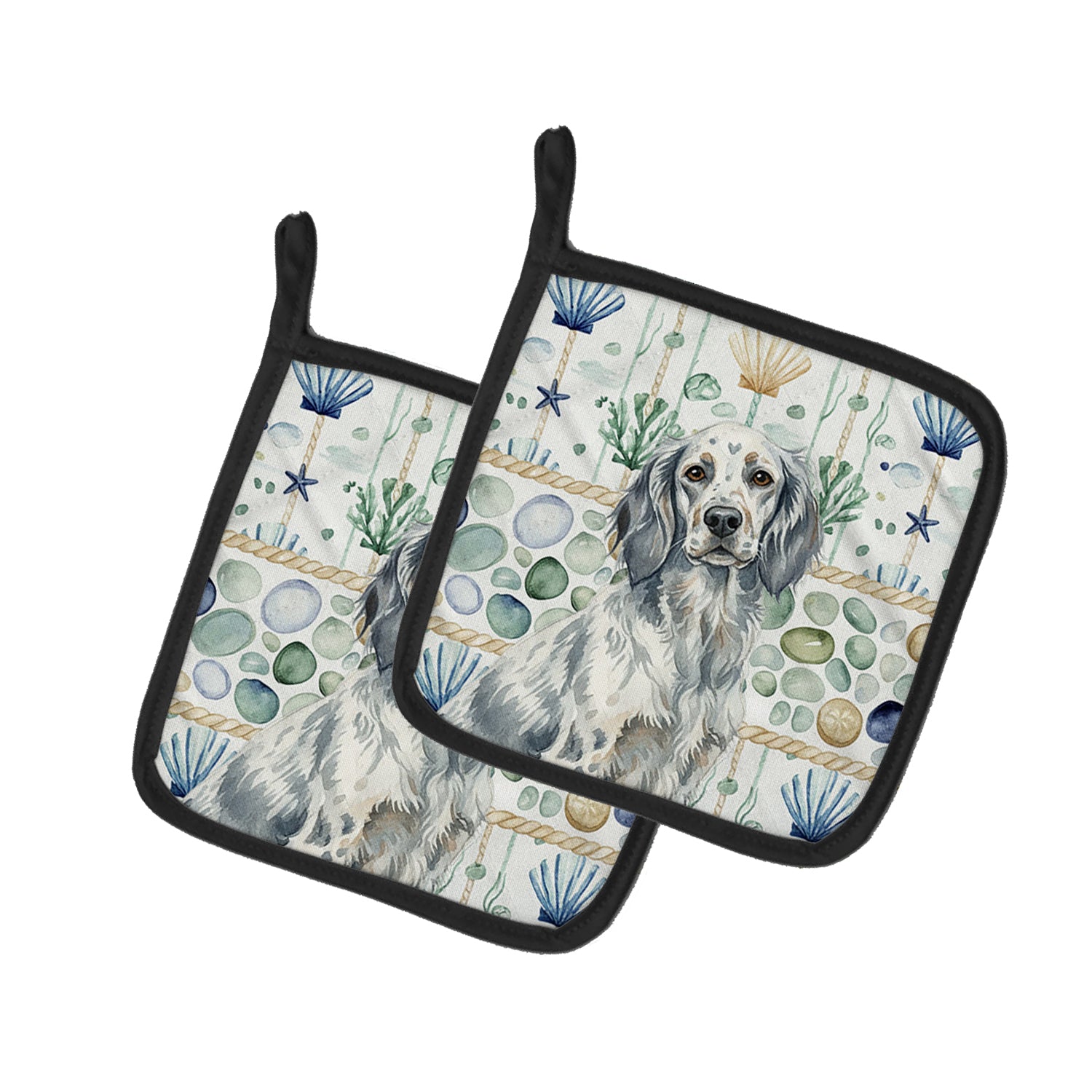 Caroline's Treasures Blue Belton English Setter Coastal Sea Glass Pair of Pot Holders