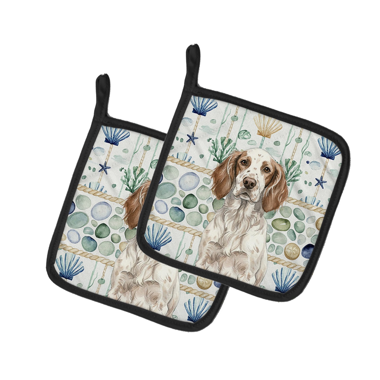 Caroline's Treasures Liver Belton English Setter Coastal Sea Glass Pair of Pot Holders