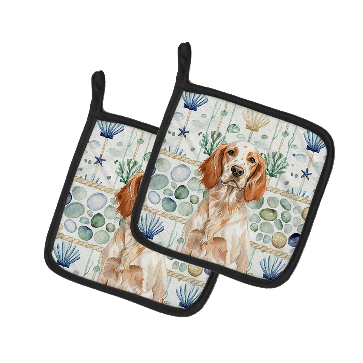 Caroline's Treasures Orange Belton English Setter Coastal Sea Glass Pair of Pot Holders