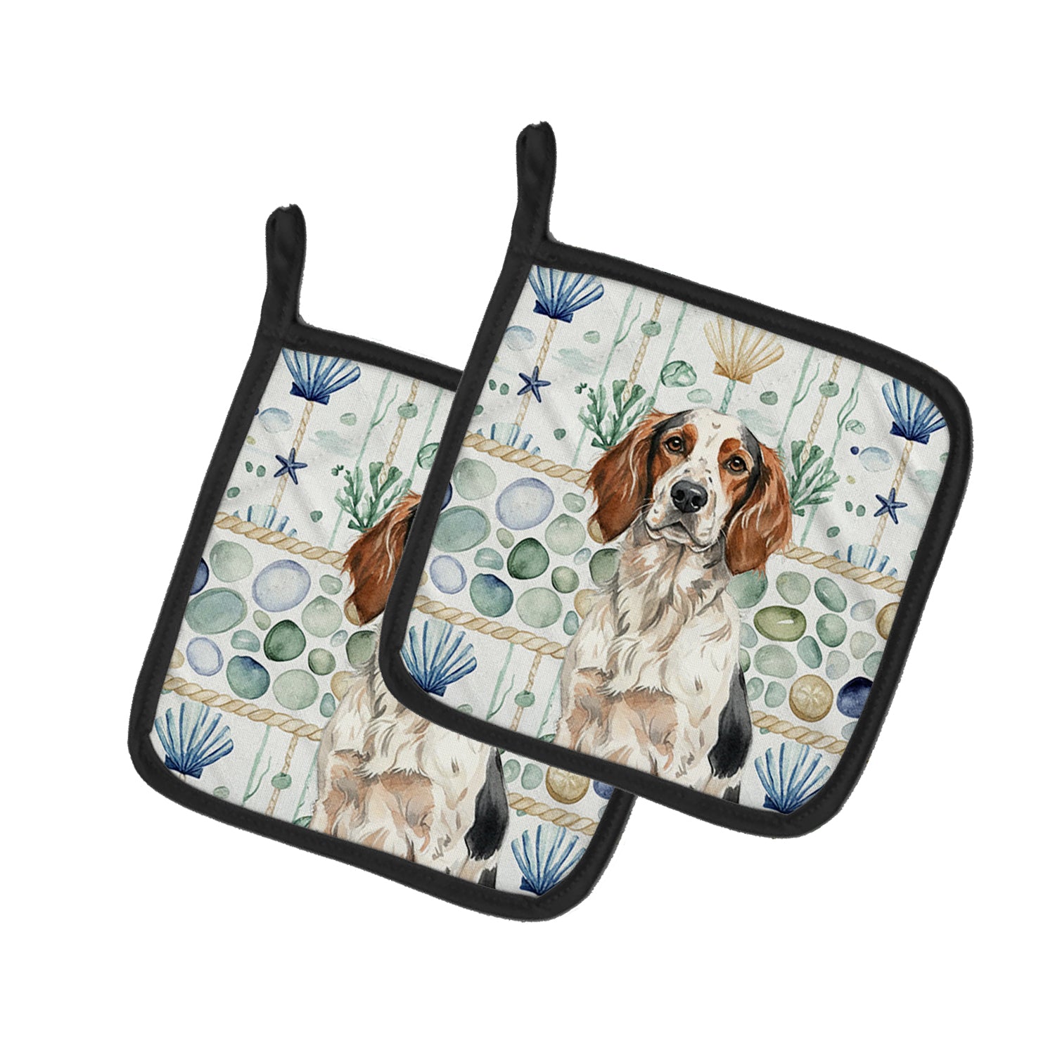 Caroline's Treasures Tricolor English Setter Coastal Sea Glass Pair of Pot Holders