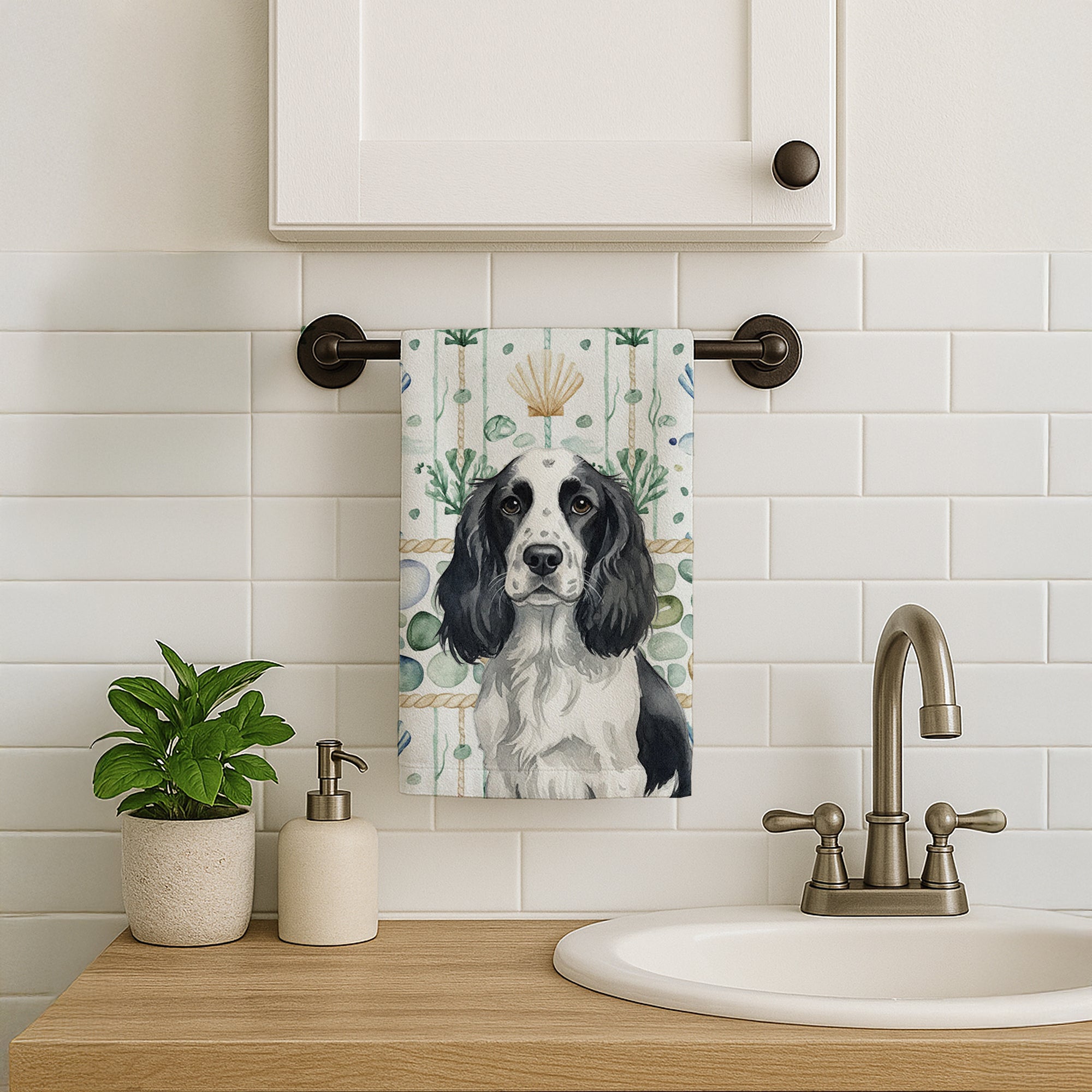 Caroline's Treasures Black and White English Springer Spaniel Coastal Sea Glass Kitchen Towel