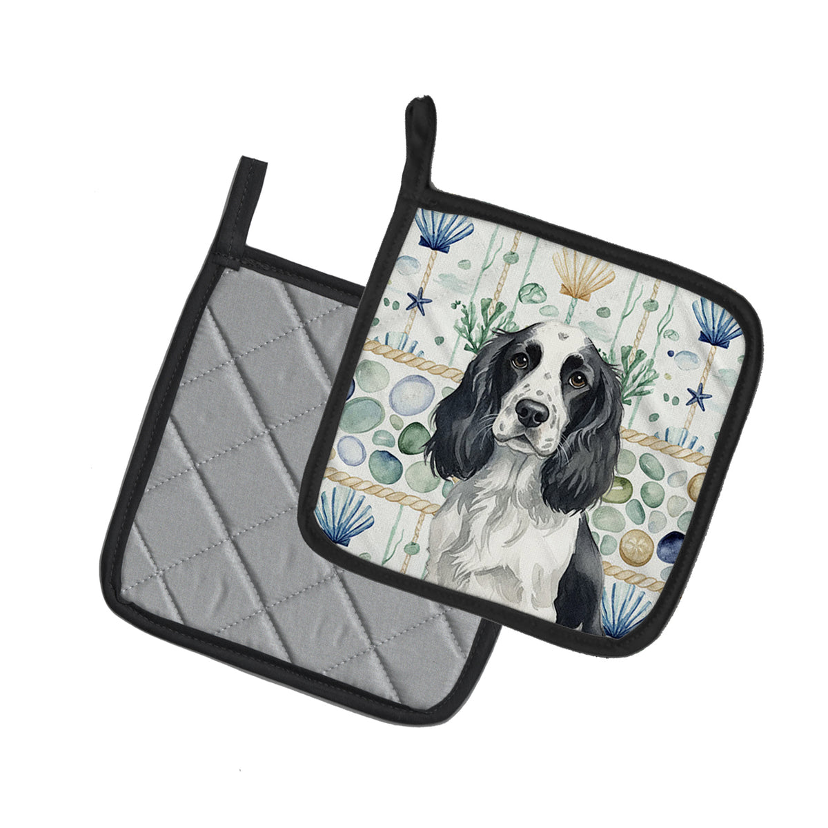 Caroline's Treasures Black and White English Springer Spaniel Coastal Sea Glass Pair of Pot Holders