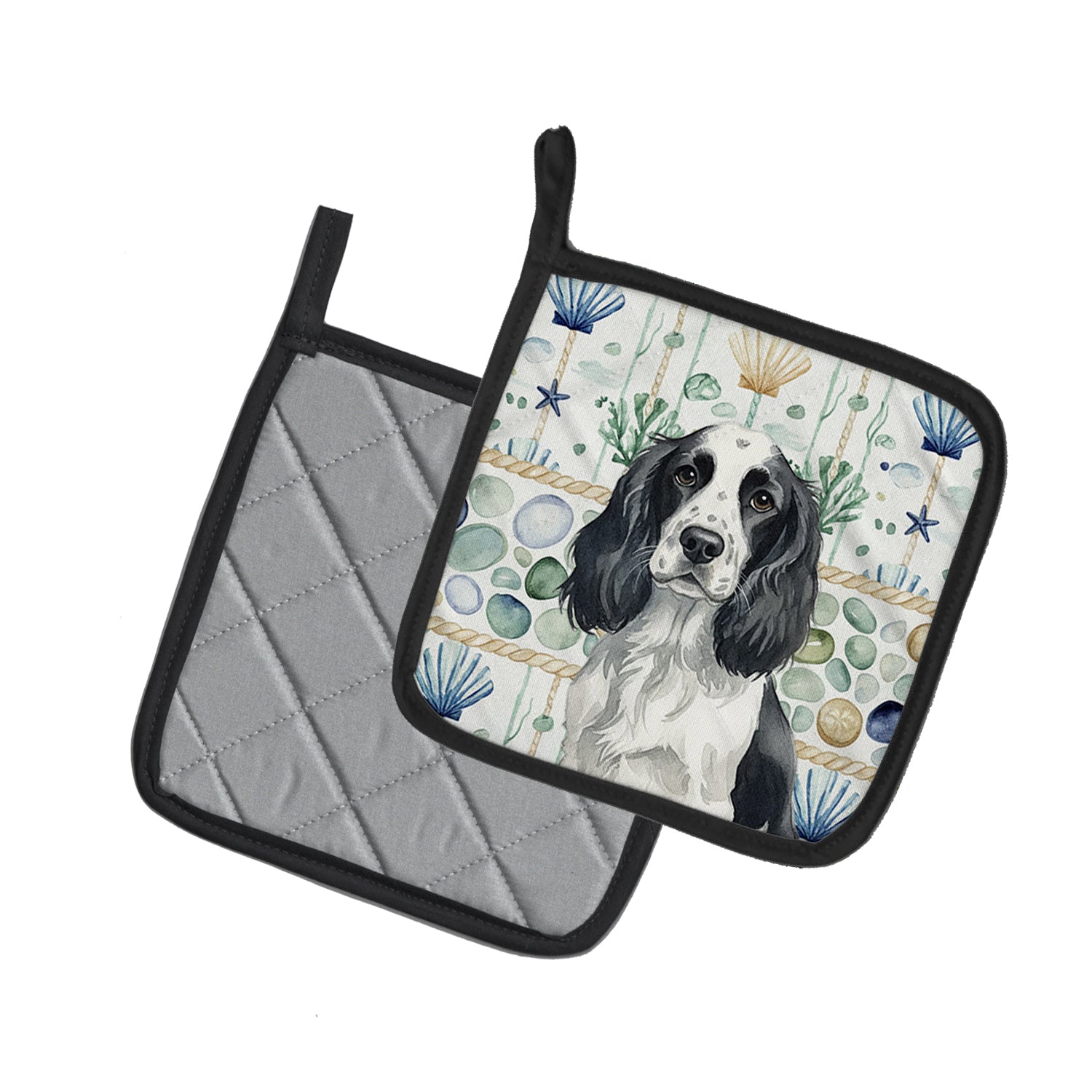 Caroline's Treasures Black and White English Springer Spaniel Coastal Sea Glass Pair of Pot Holders