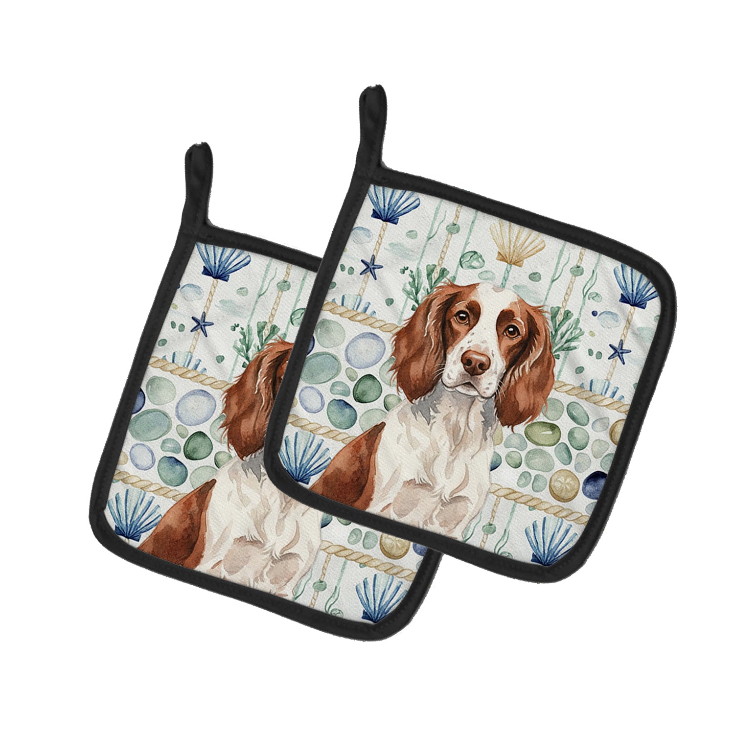 Caroline's Treasures Liver and White English Springer Spaniel Coastal Sea Glass Pair of Pot Holders