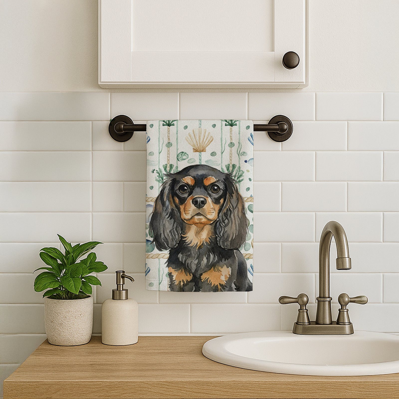 Caroline's Treasures Black and Tan English Toy Spaniel Coastal Sea Glass Kitchen Towel