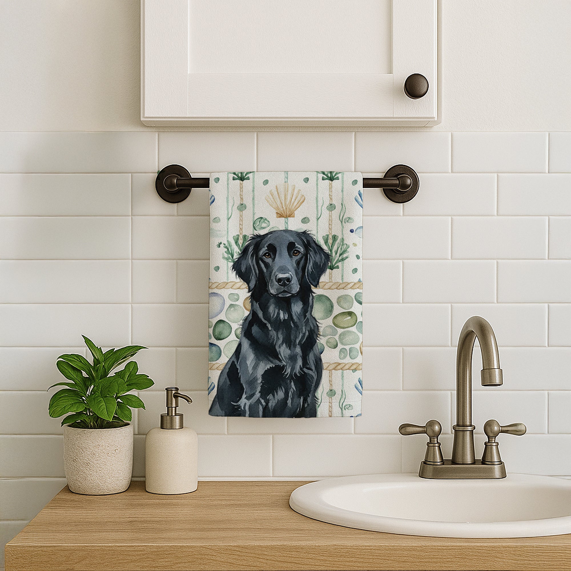 Caroline's Treasures Black Flat-Coated Retriever Coastal Sea Glass Kitchen Towel
