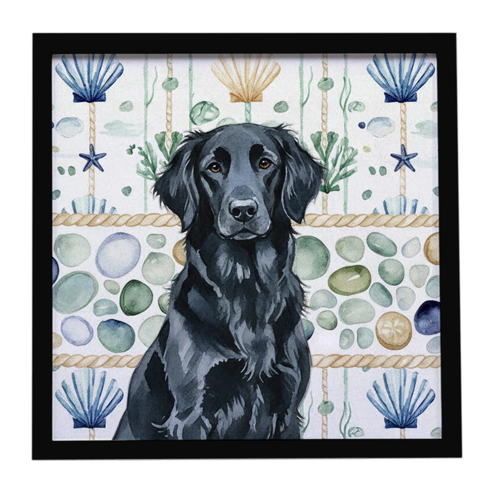 Caroline's Treasures Black Flat-Coated Retriever Coastal Sea Glass Framed Metal Print