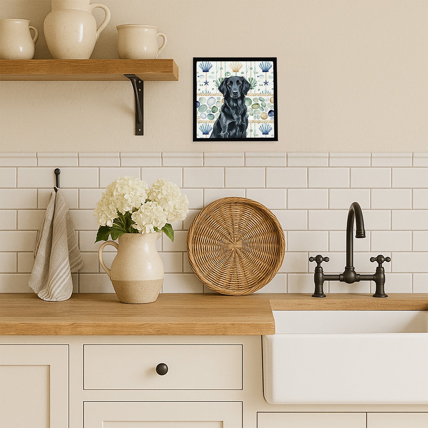 Caroline's Treasures Black Flat-Coated Retriever Coastal Sea Glass Framed Metal Print