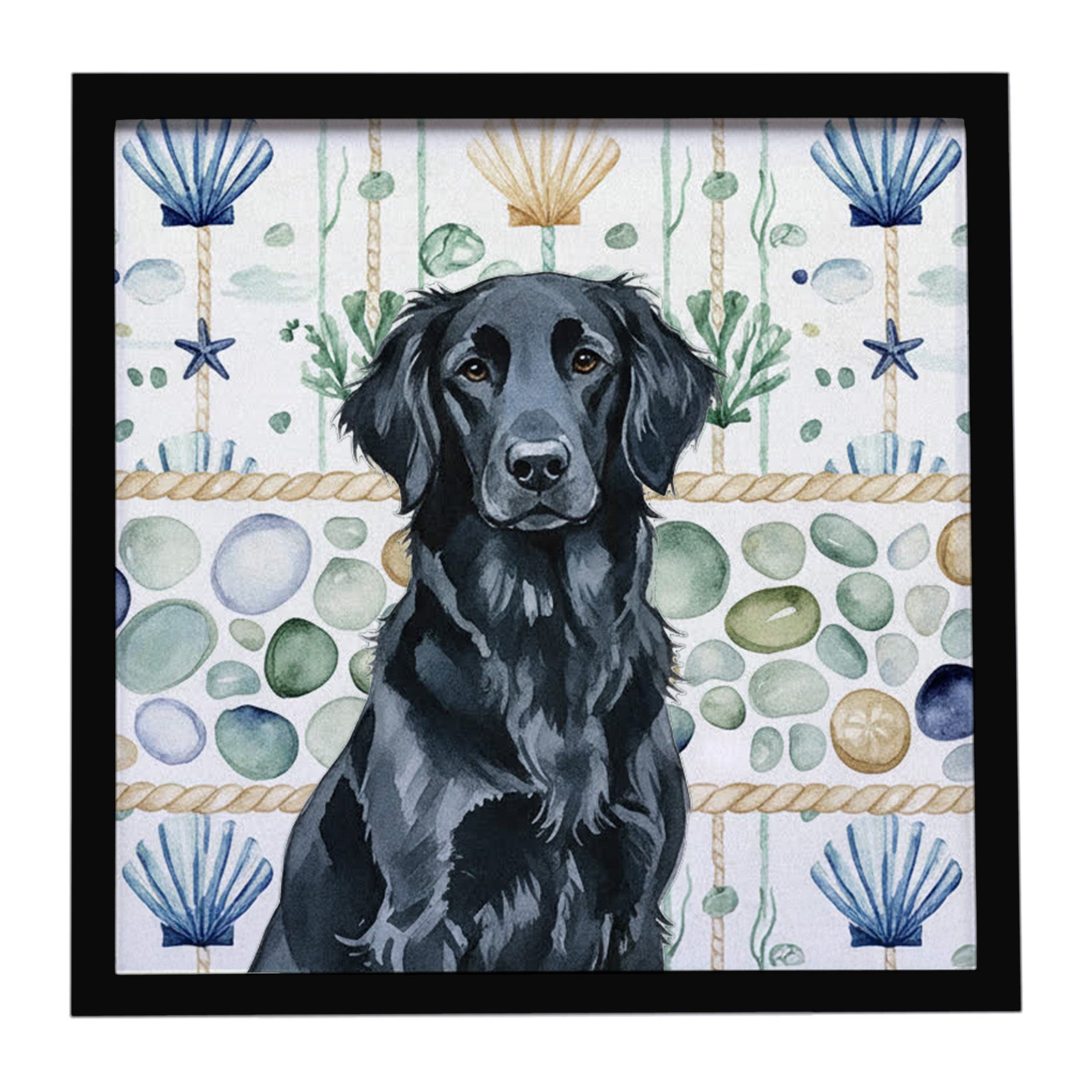 Caroline's Treasures Black Flat-Coated Retriever Coastal Sea Glass Framed Metal Print