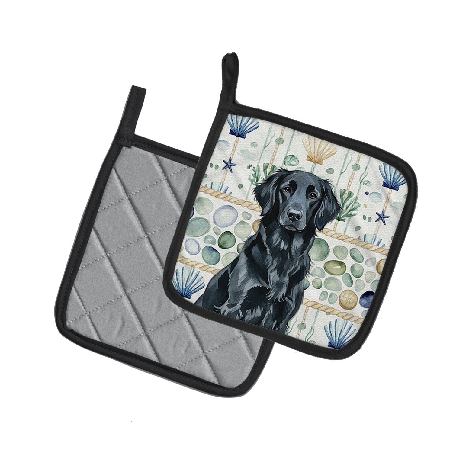 Caroline's Treasures Black Flat-Coated Retriever Coastal Sea Glass Pair of Pot Holders