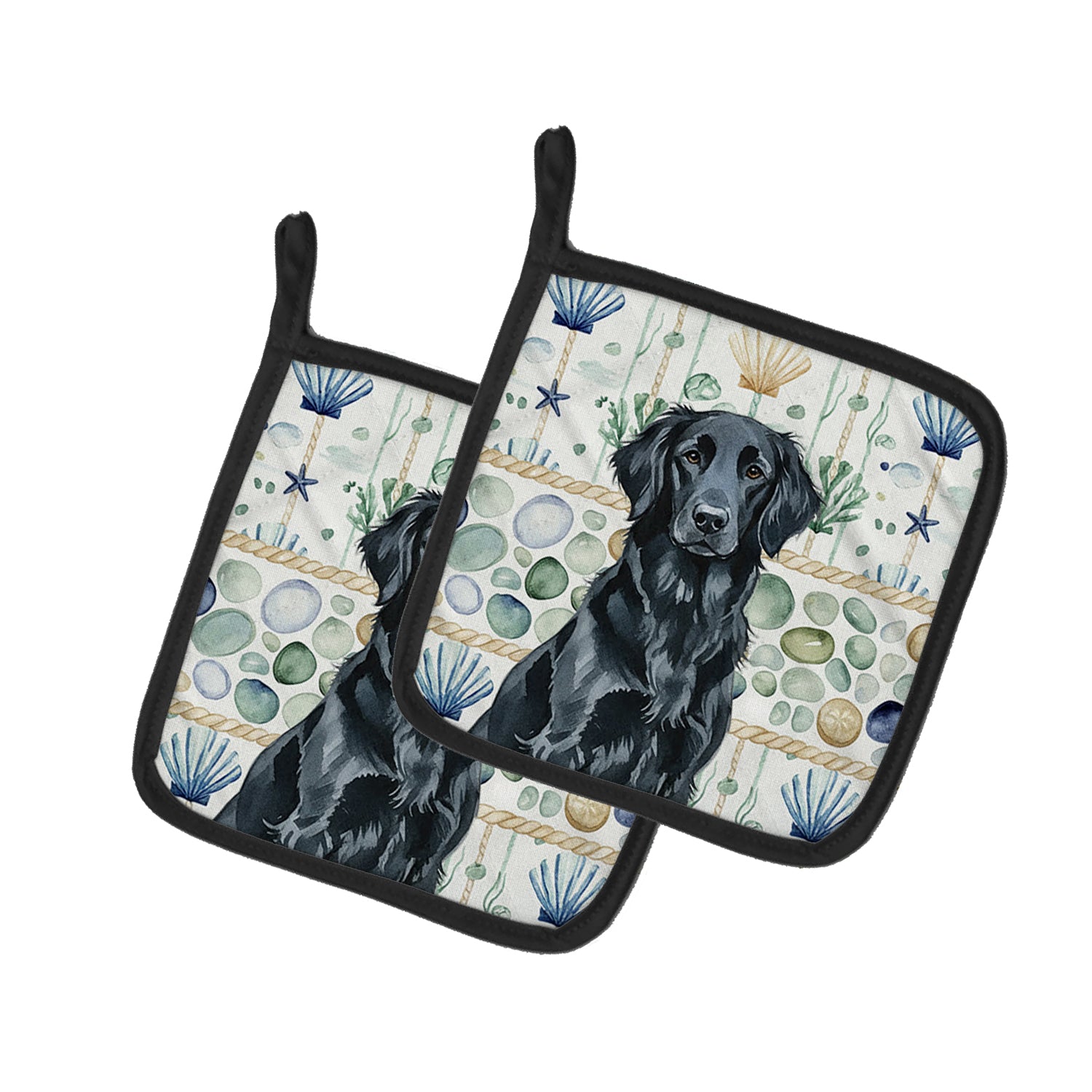 Caroline's Treasures Black Flat-Coated Retriever Coastal Sea Glass Pair of Pot Holders
