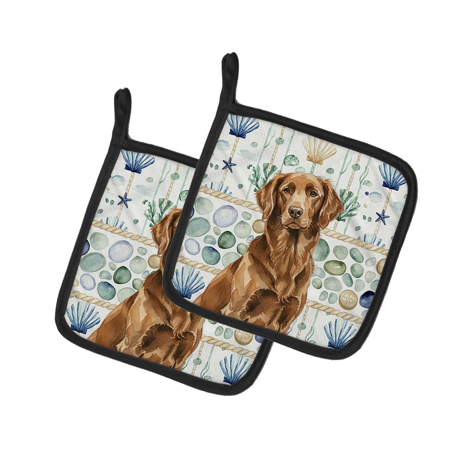 Caroline's Treasures Liver Flat-Coated Retriever Coastal Sea Glass Pair of Pot Holders