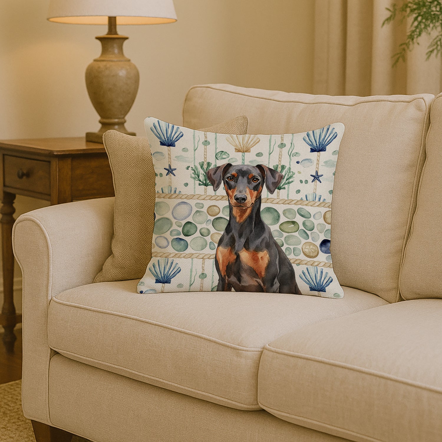 Caroline's Treasures German Pinscher Coastal Sea Glass Throw Pillow