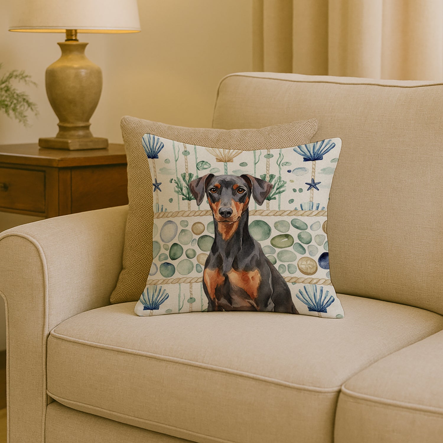 Caroline's Treasures German Pinscher Coastal Sea Glass Throw Pillow