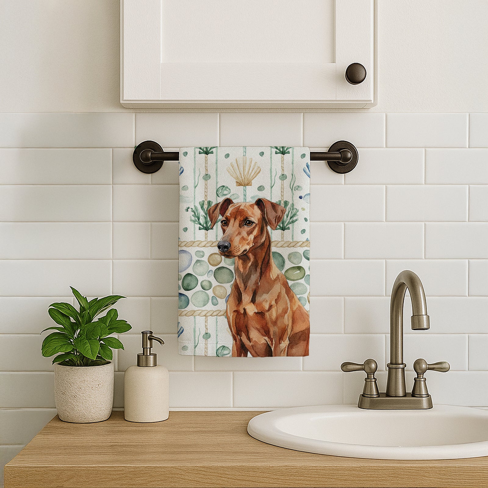 Caroline's Treasures Red German Pinscher Coastal Sea Glass Kitchen Towel