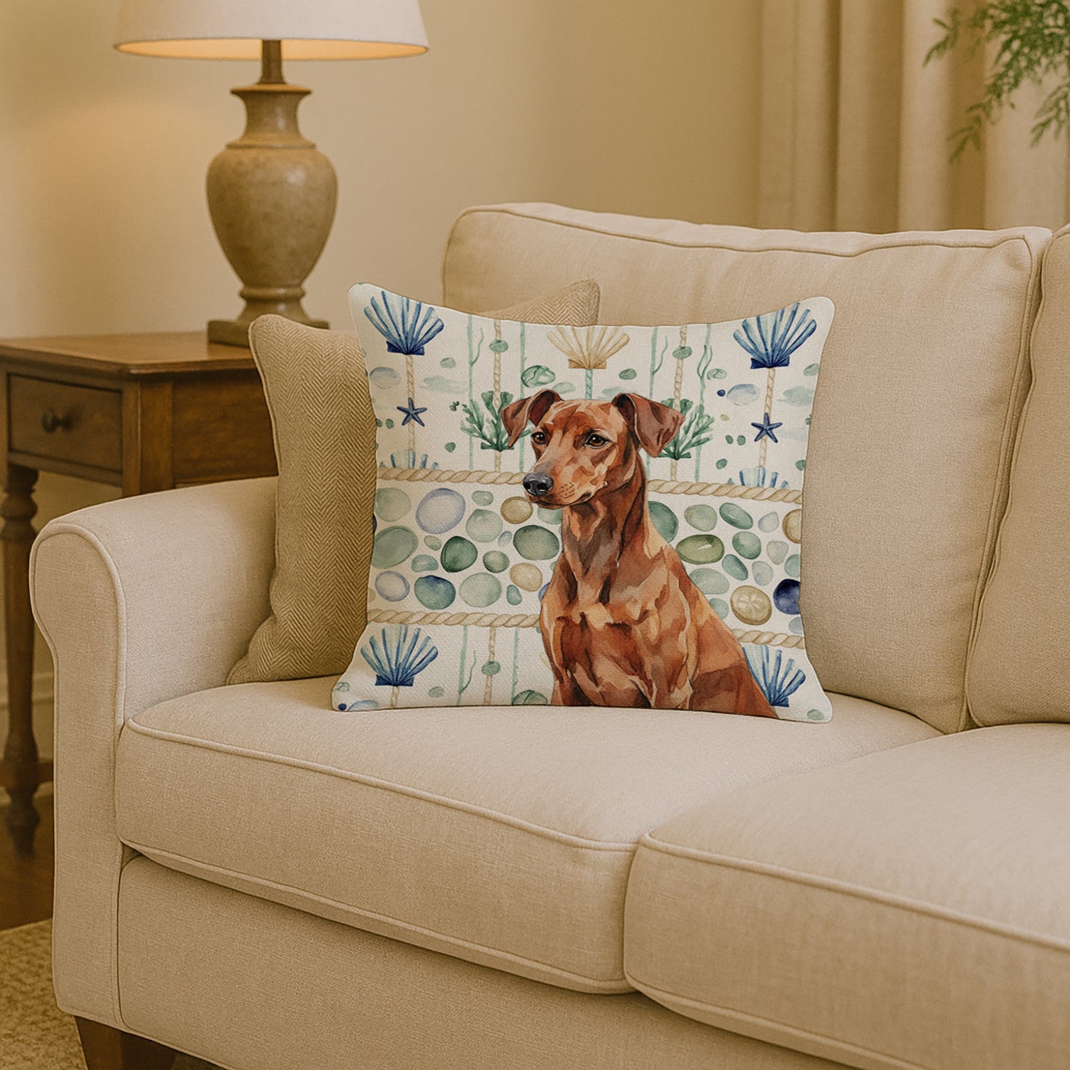 Caroline's Treasures Red German Pinscher Coastal Sea Glass Throw Pillow