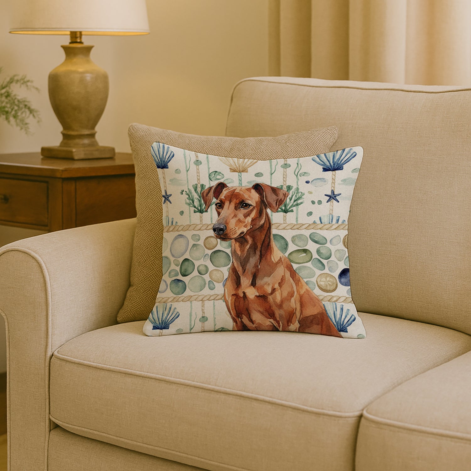 Caroline's Treasures Red German Pinscher Coastal Sea Glass Throw Pillow