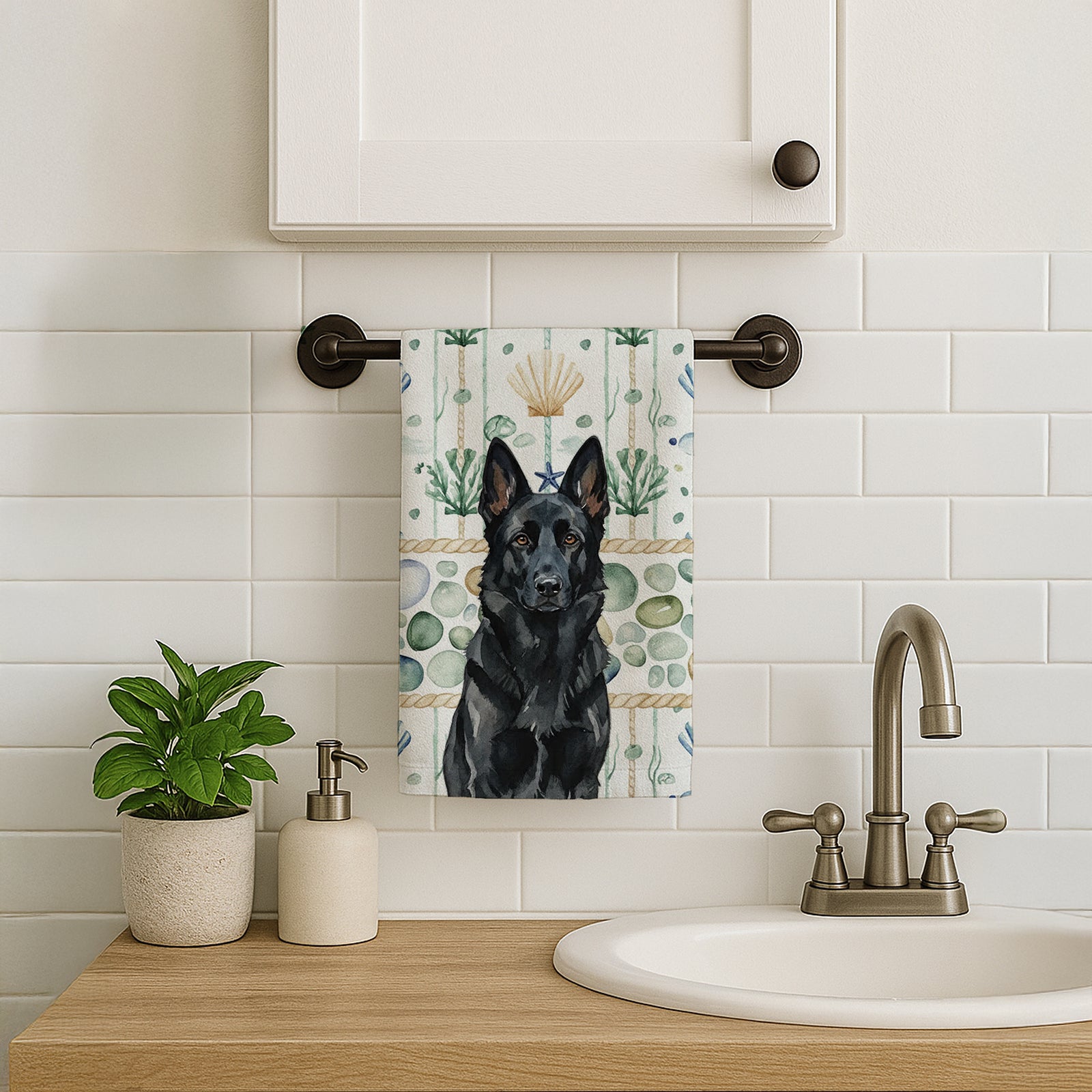 Caroline's Treasures Black German Shepherd Coastal Sea Glass Kitchen Towel