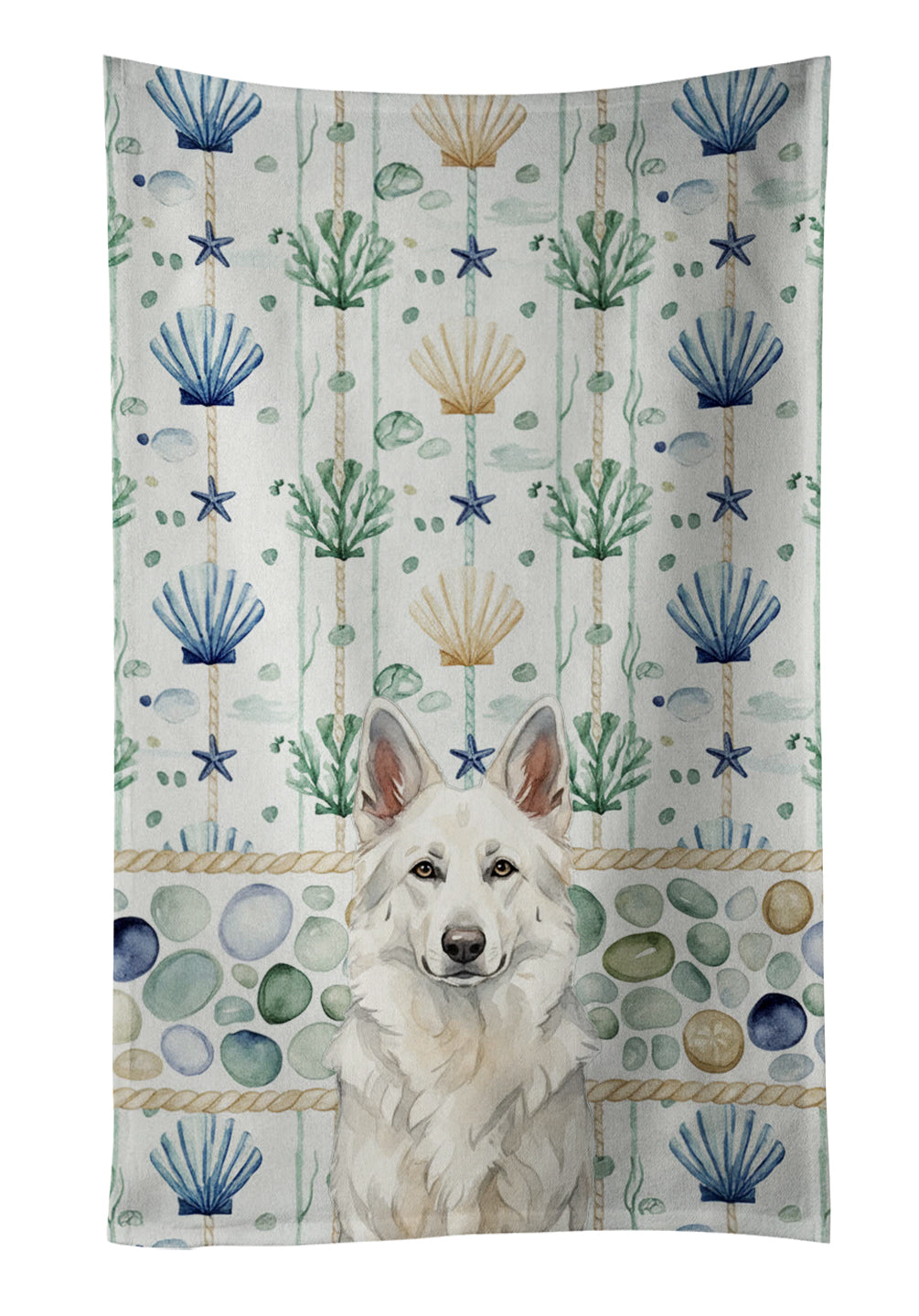 Caroline's Treasures White German Shepherd Coastal Sea Glass Kitchen Towel
