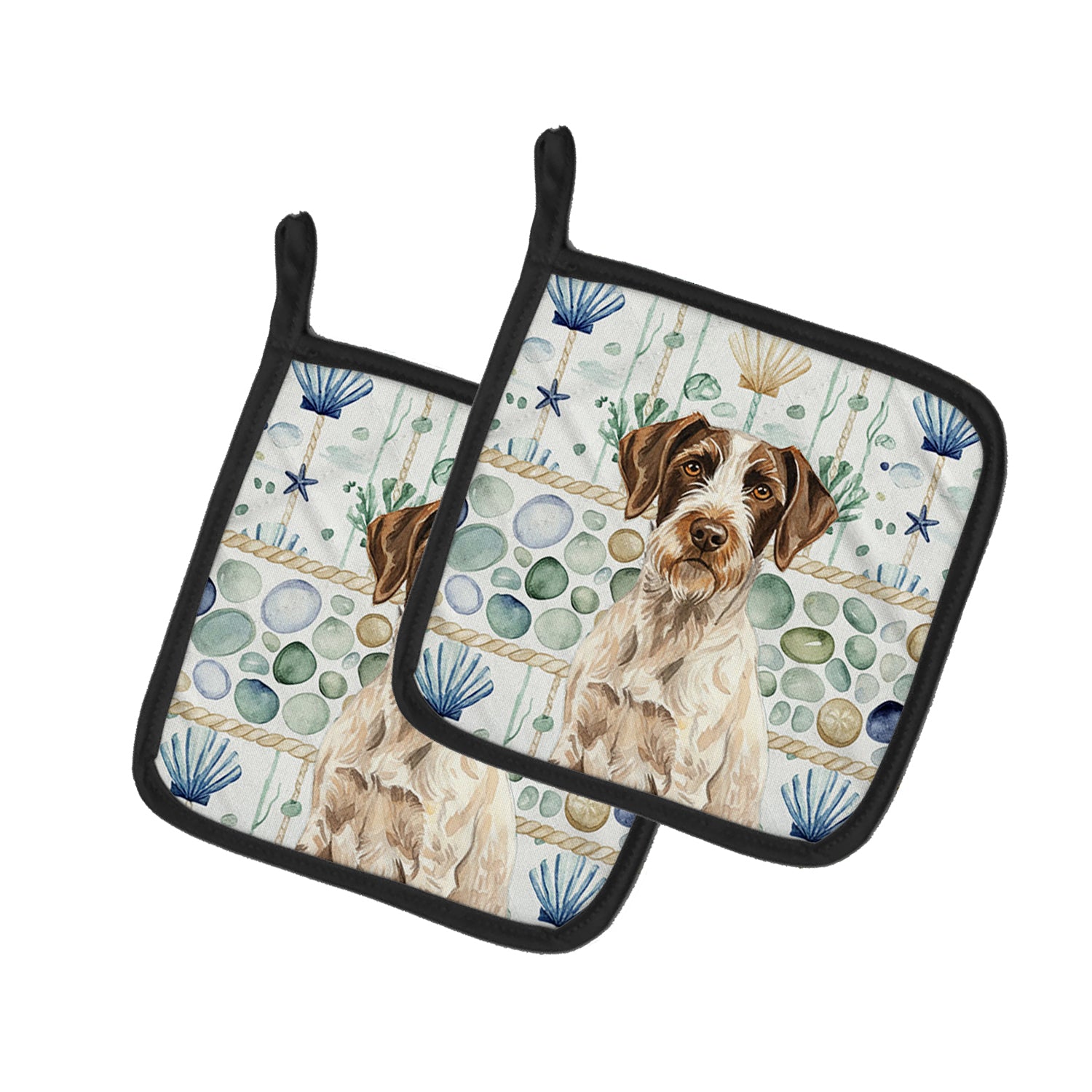 Caroline's Treasures Liver and White German Wirehaired Pointer Coastal Sea Glass Pair of Pot Holders