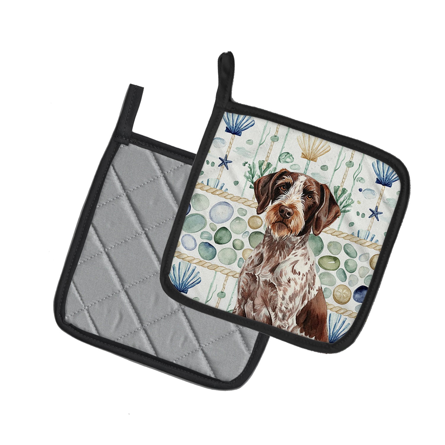 Caroline's Treasures Roan German Wirehaired Pointer Coastal Sea Glass Pair of Pot Holders