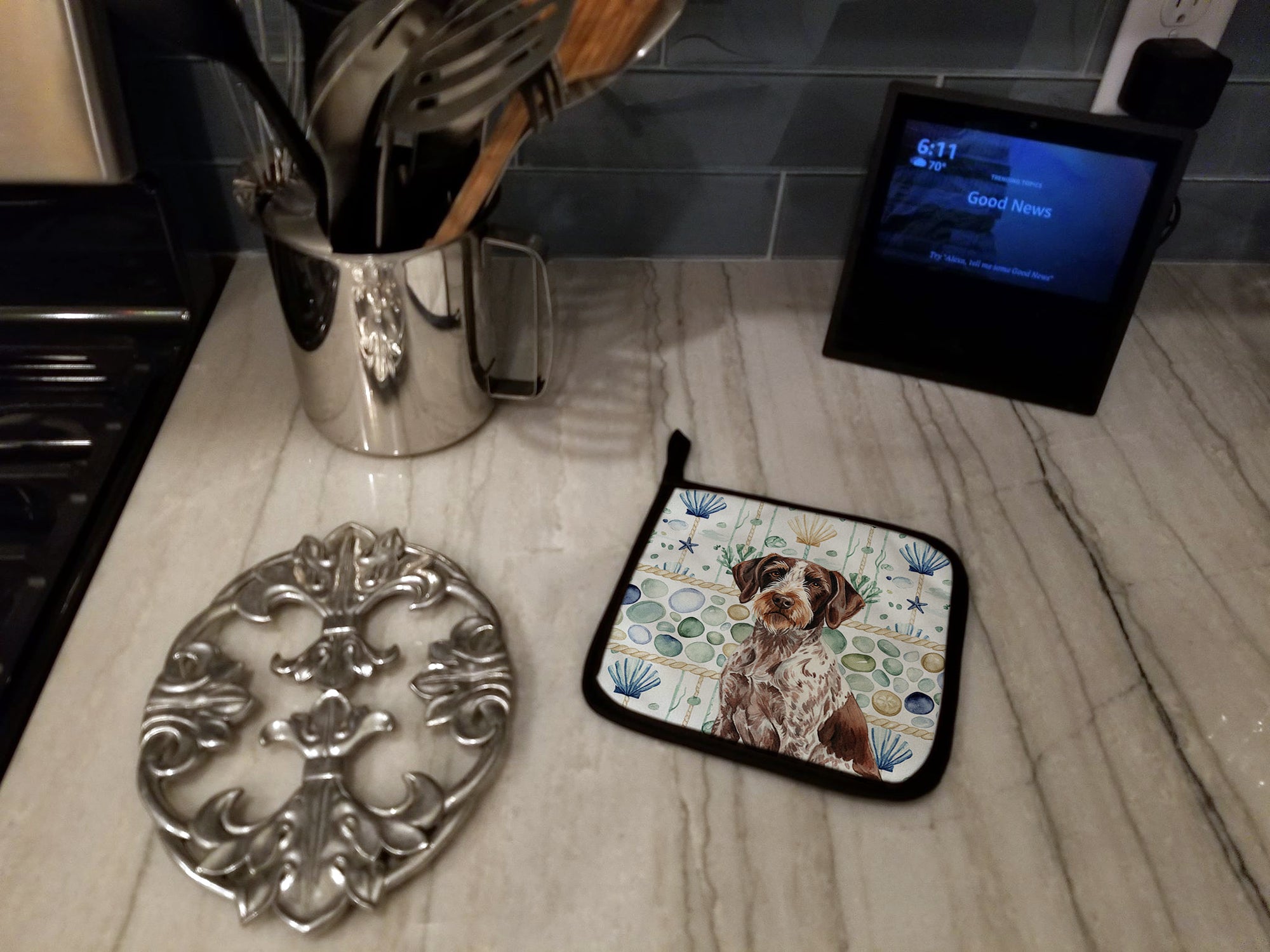 Caroline's Treasures Roan German Wirehaired Pointer Coastal Sea Glass Pair of Pot Holders