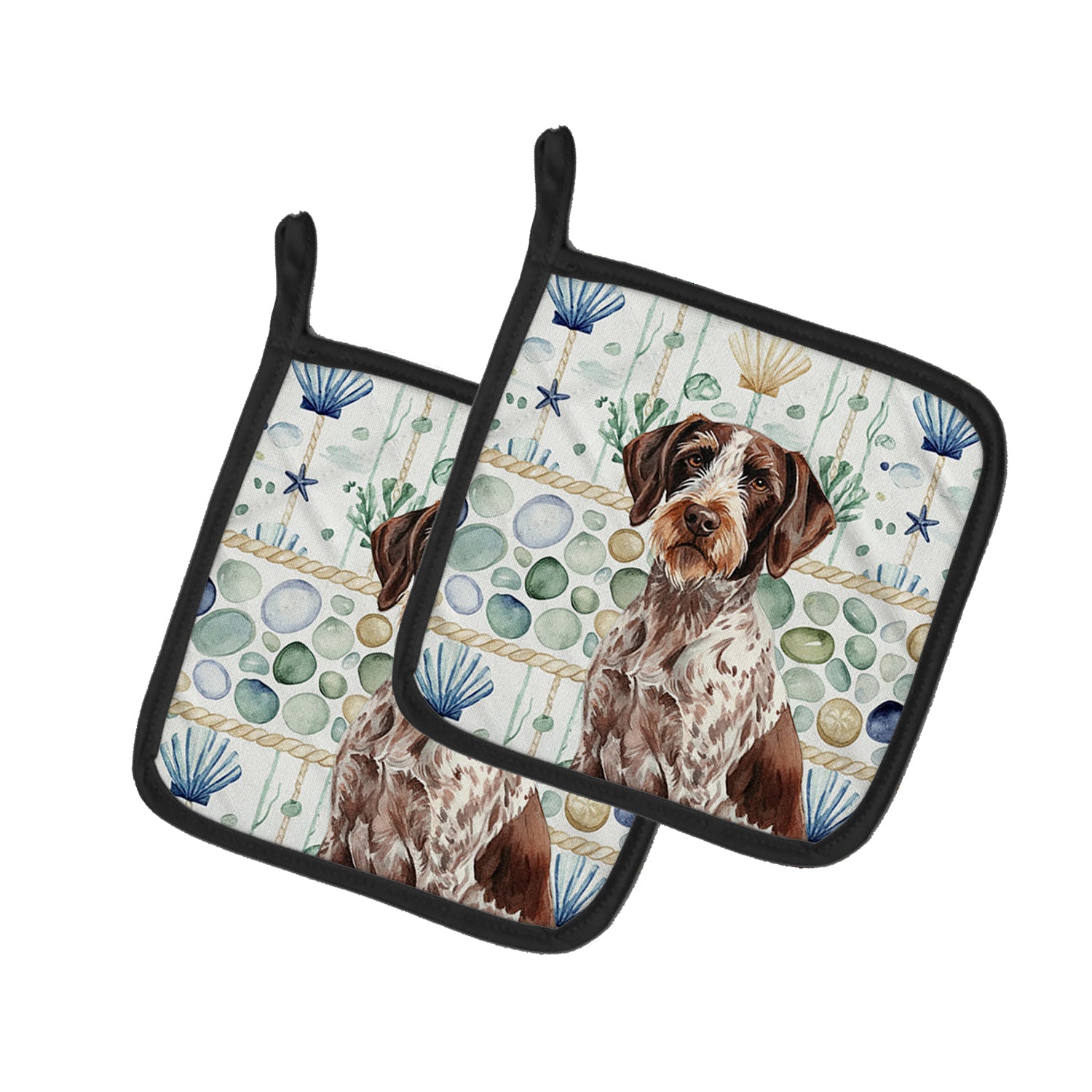 Caroline's Treasures Roan German Wirehaired Pointer Coastal Sea Glass Pair of Pot Holders