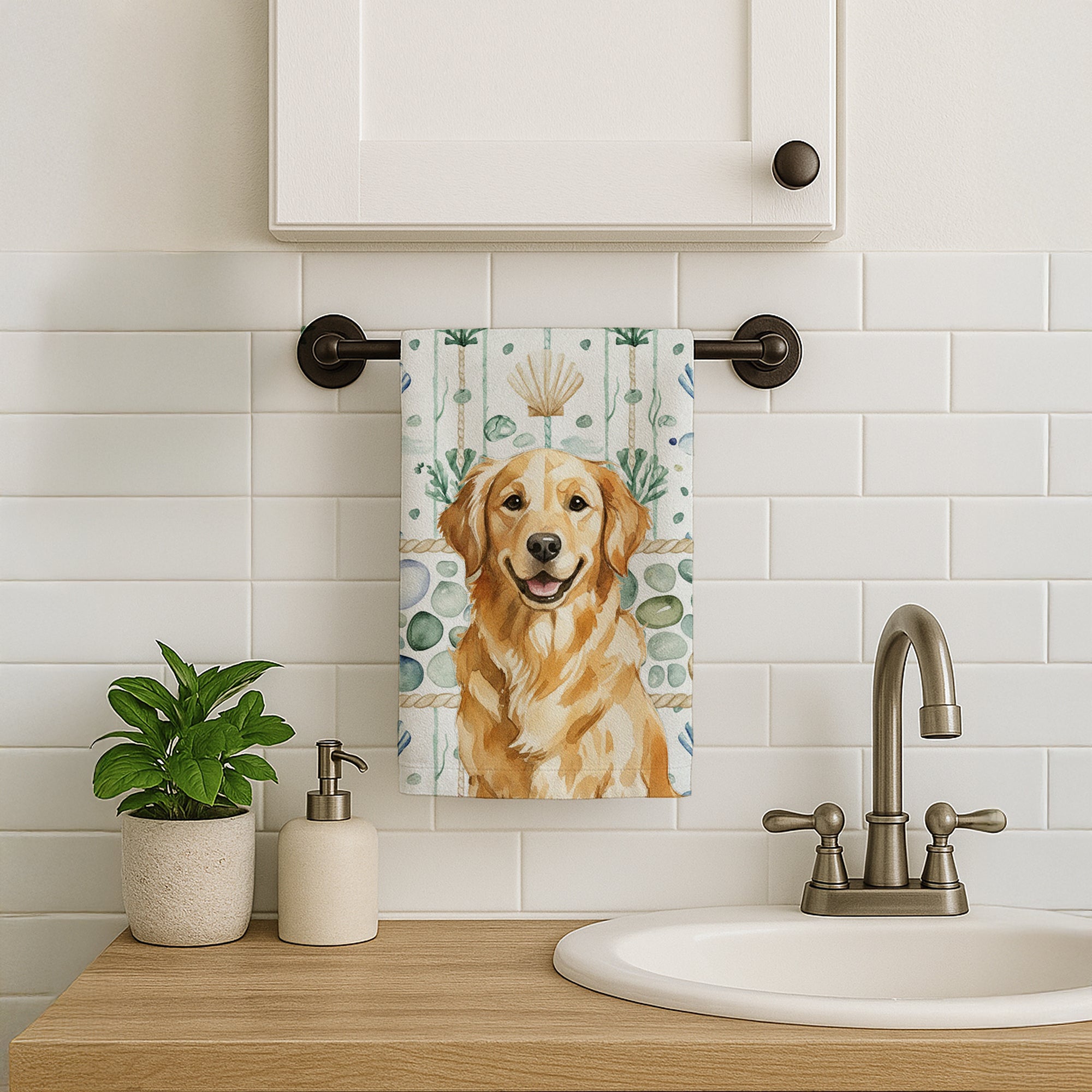 Caroline's Treasures Golden Retriever Coastal Sea Glass Kitchen Towel