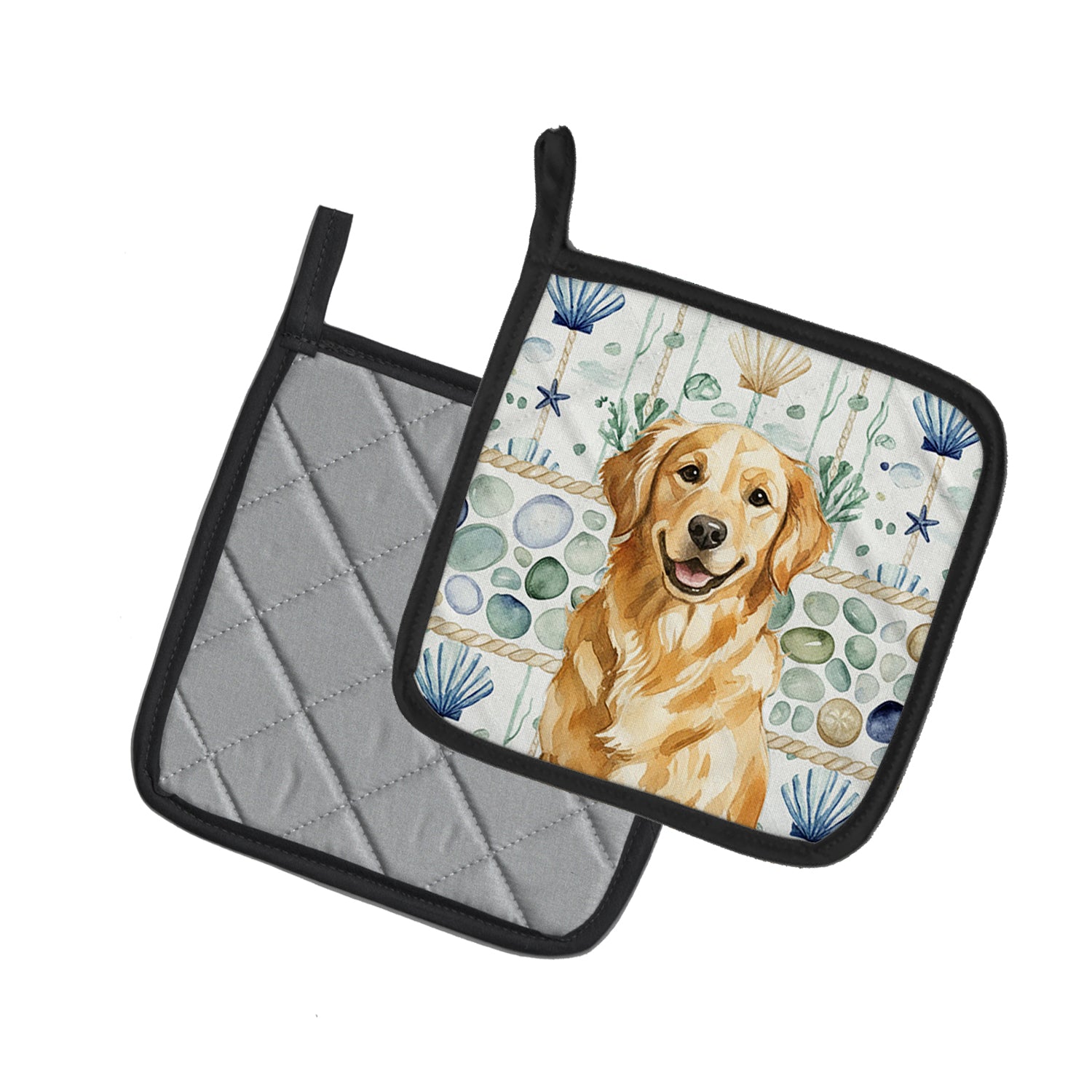 Caroline's Treasures Golden Retriever Coastal Sea Glass Pair of Pot Holders