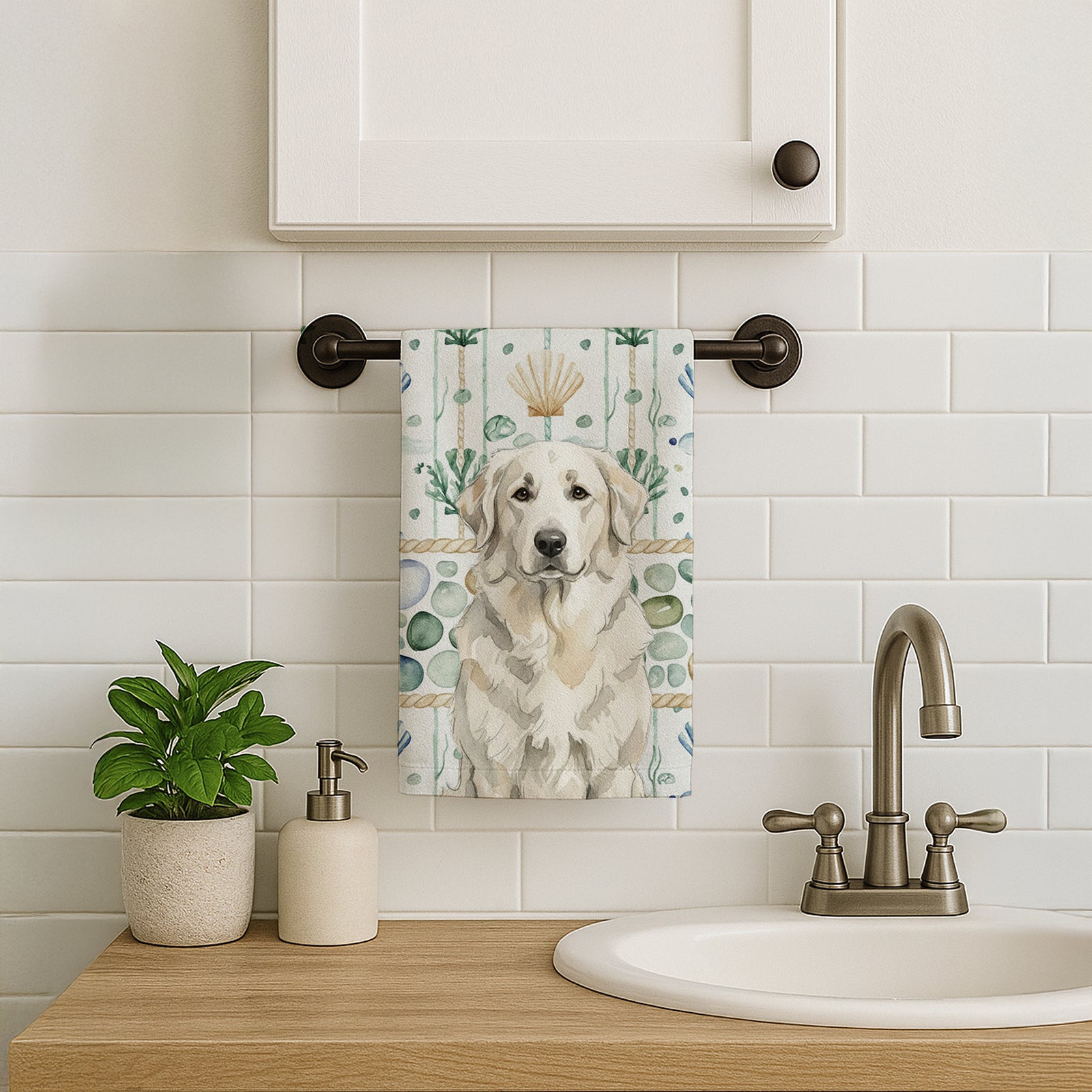 Caroline's Treasures White Great Pyrenees Coastal Sea Glass Kitchen Towel