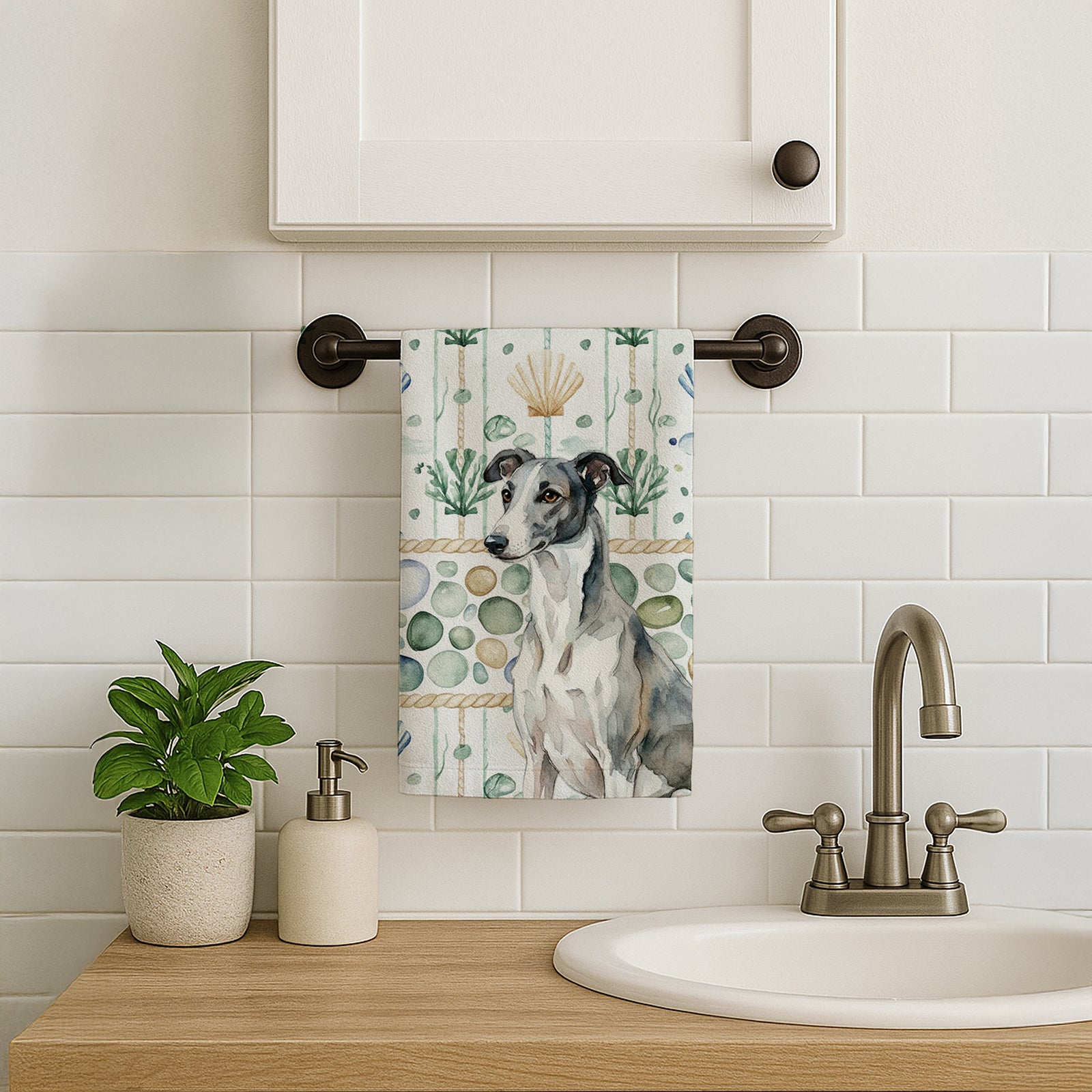 Caroline's Treasures Black and White Greyhound Coastal Sea Glass Kitchen Towel