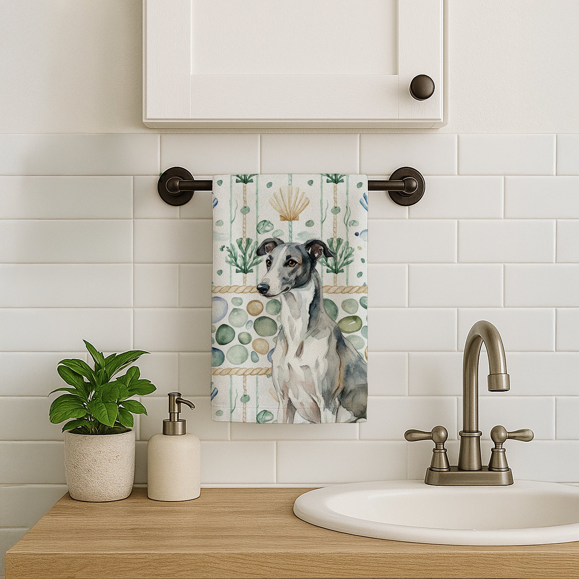 Caroline's Treasures Black and White Greyhound Coastal Sea Glass Kitchen Towel