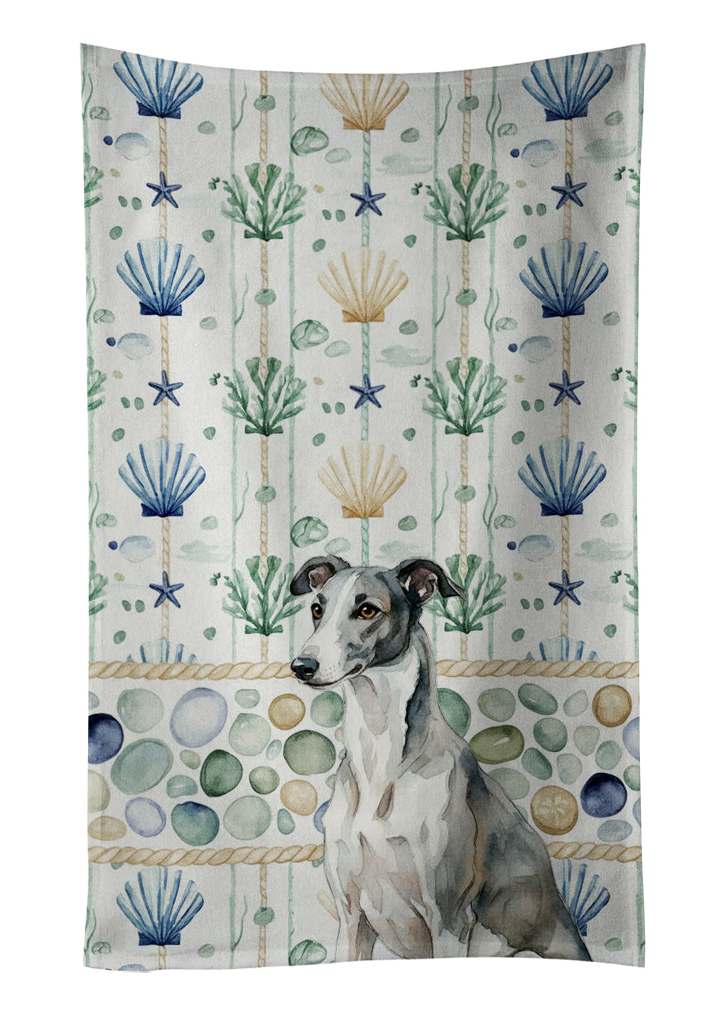 Caroline's Treasures Black and White Greyhound Coastal Sea Glass Kitchen Towel