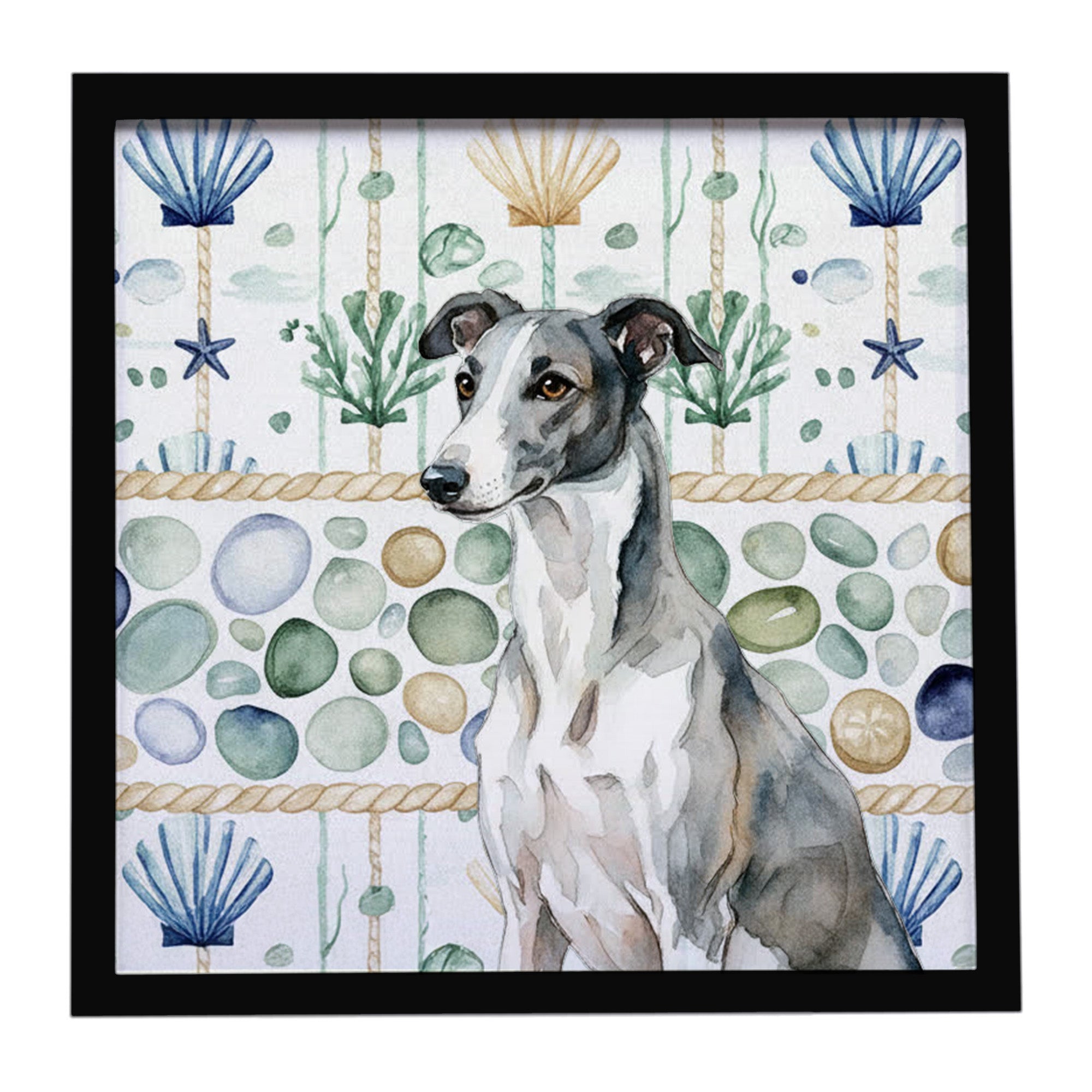 Caroline's Treasures Black and White Greyhound Coastal Sea Glass Framed Metal Print