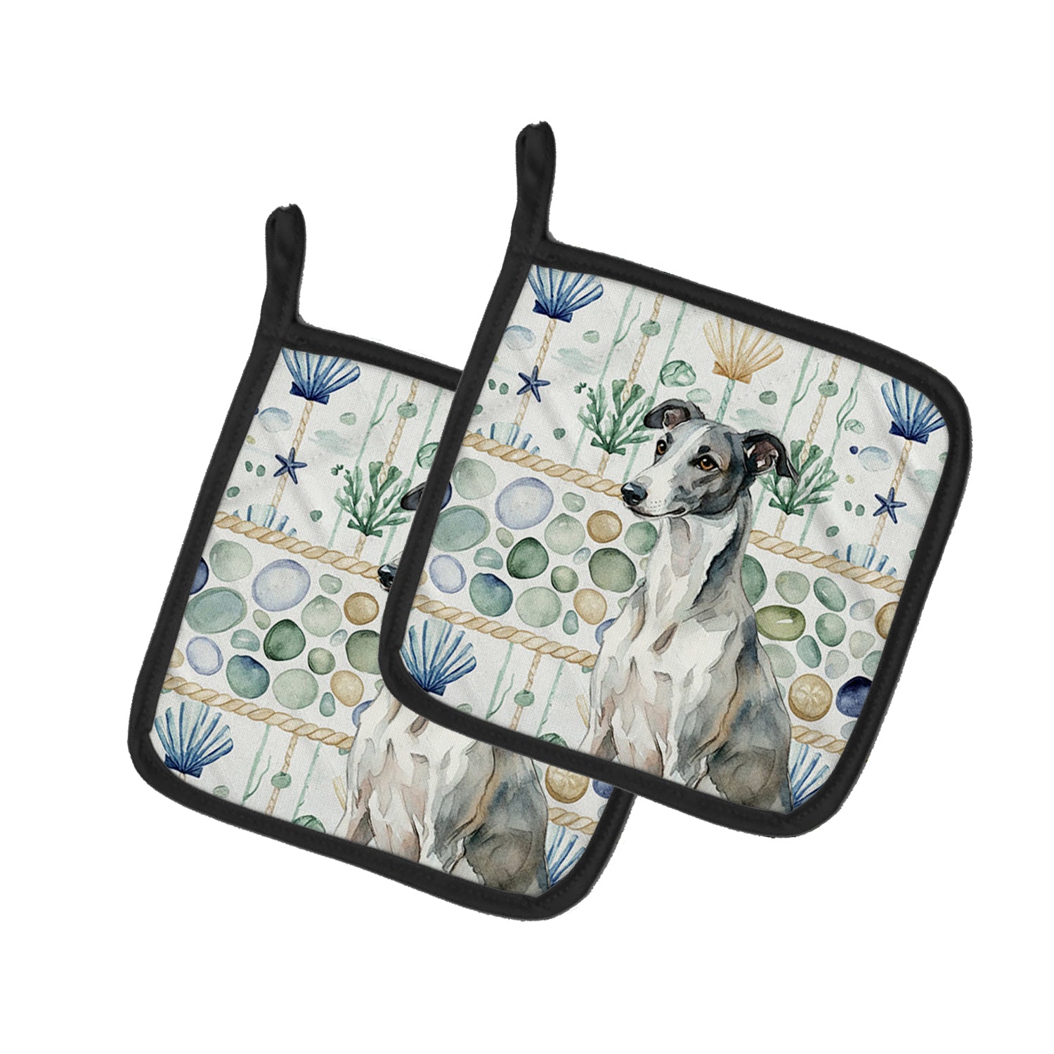 Caroline's Treasures Black and White Greyhound Coastal Sea Glass Pair of Pot Holders