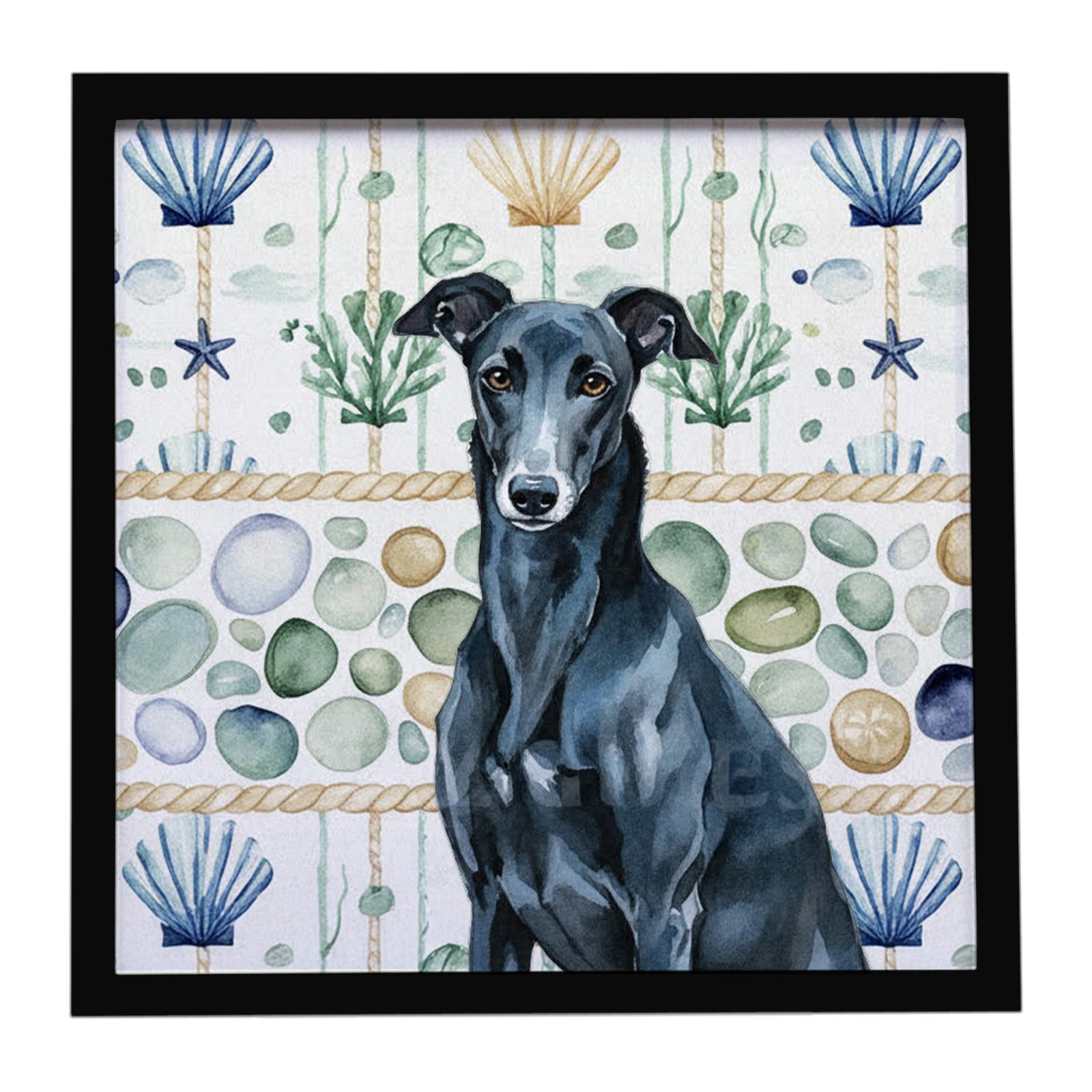 Caroline's Treasures Black Greyhound Coastal Sea Glass Framed Metal Print