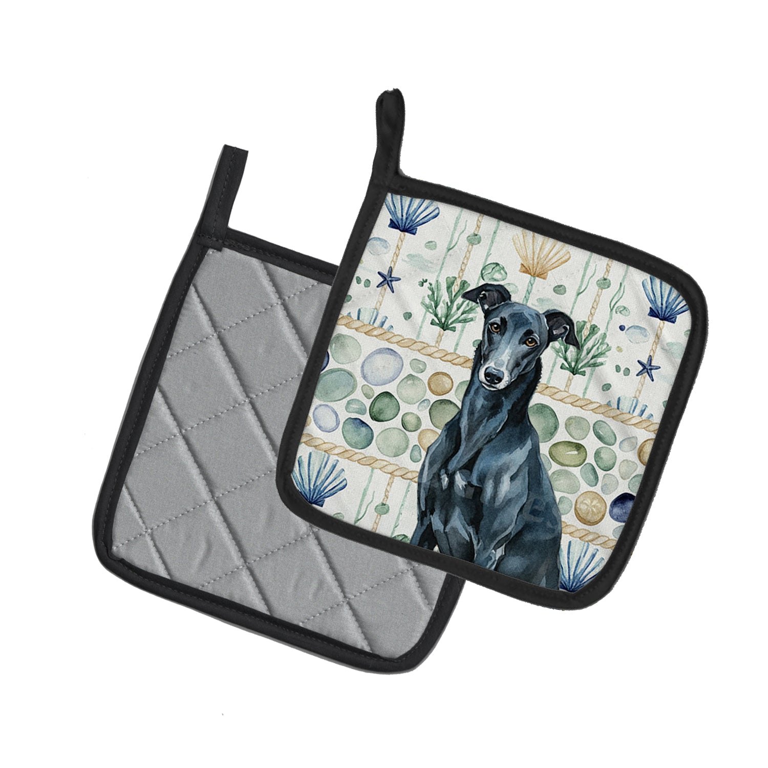 Caroline's Treasures Black Greyhound Coastal Sea Glass Pair of Pot Holders