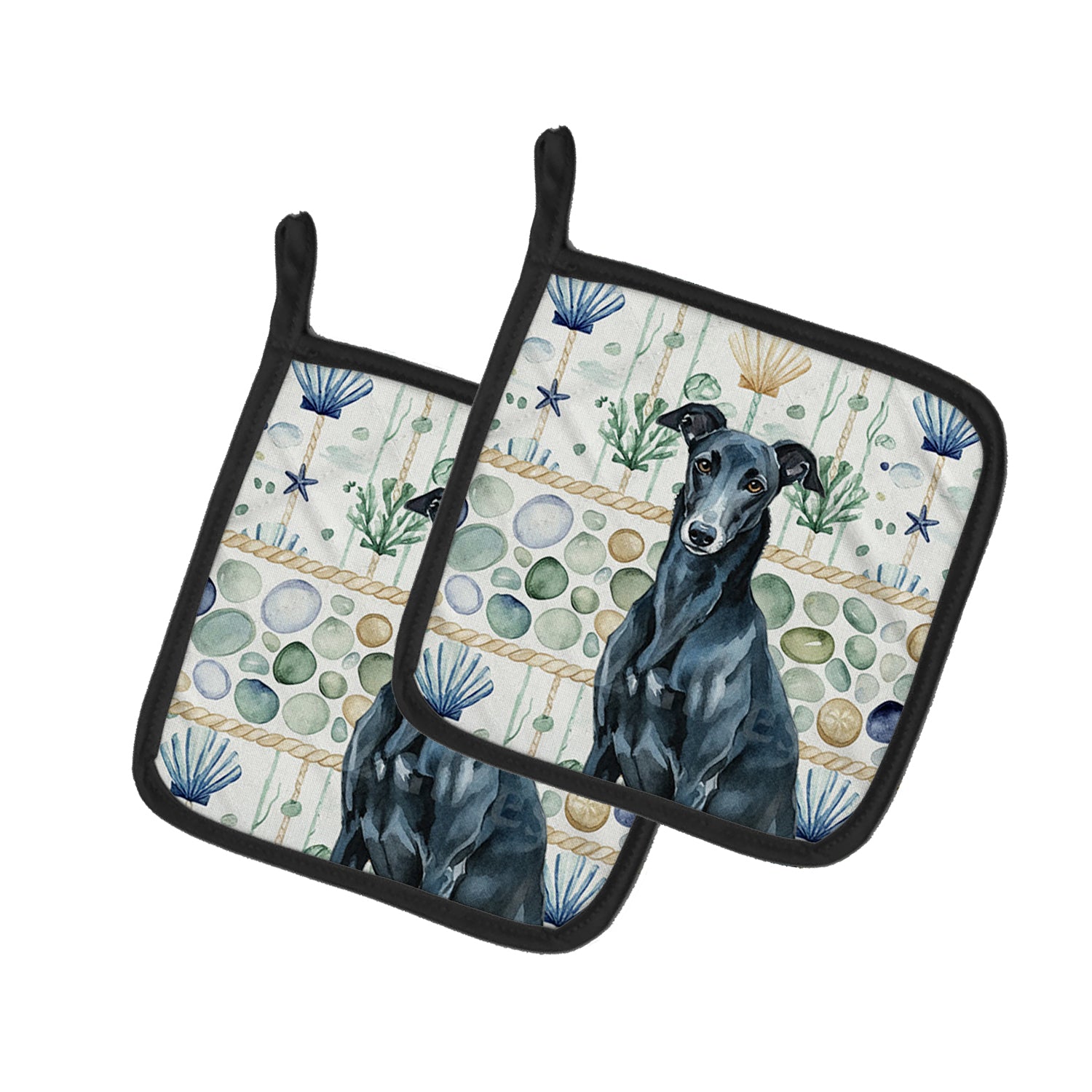 Caroline's Treasures Black Greyhound Coastal Sea Glass Pair of Pot Holders