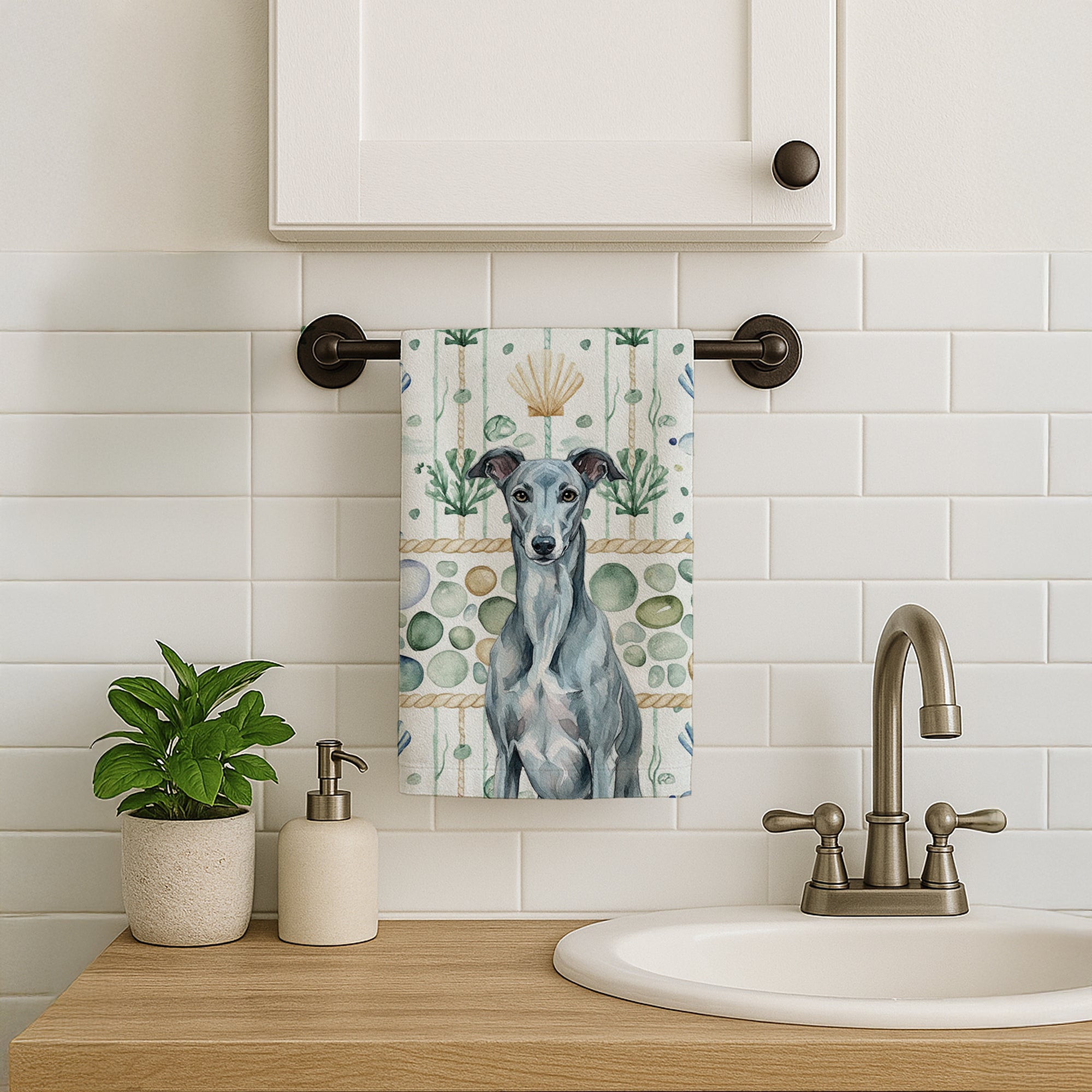 Caroline's Treasures Blue Brindle Greyhound Coastal Sea Glass Kitchen Towel